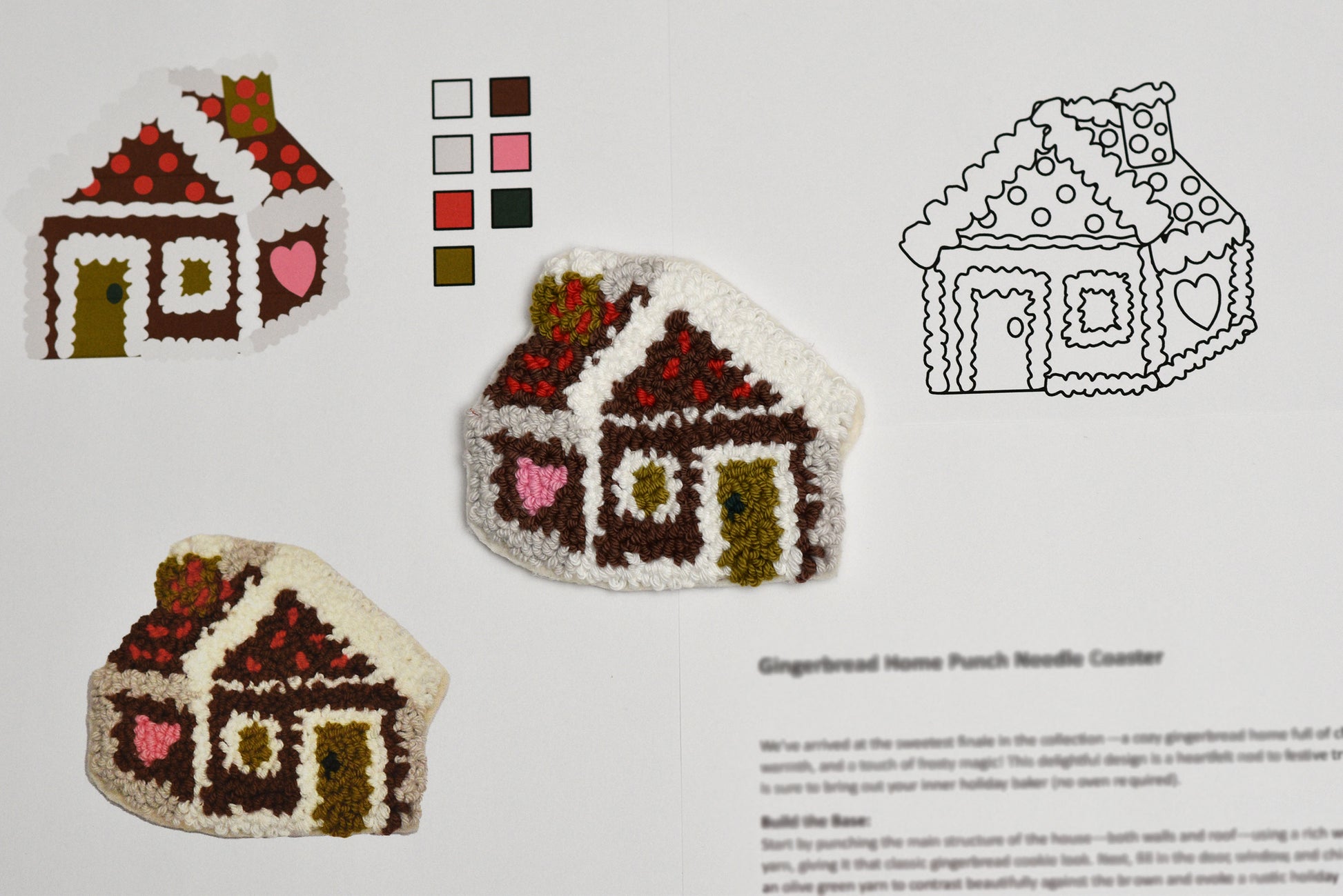 Gingerbread house punch needle coaster pattern with color swatches on a white background