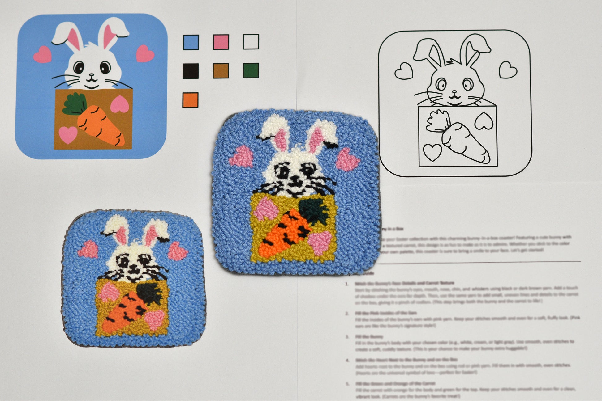 punch needled rabbit-themed coasters with a coloring guide on a white background