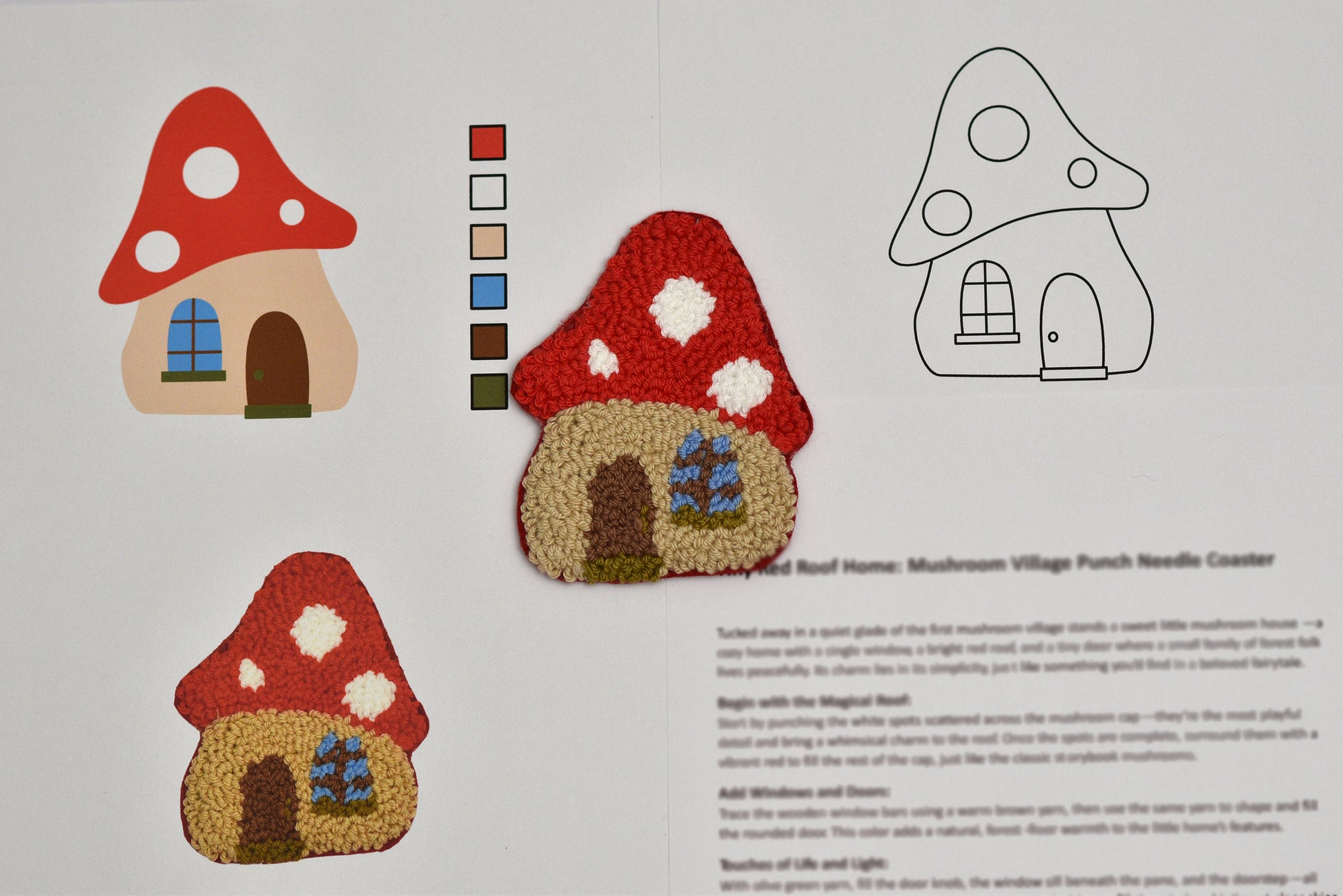 Mushroom-shaped house punch needle coaster pattern with color swatches and line drawing on a white background.