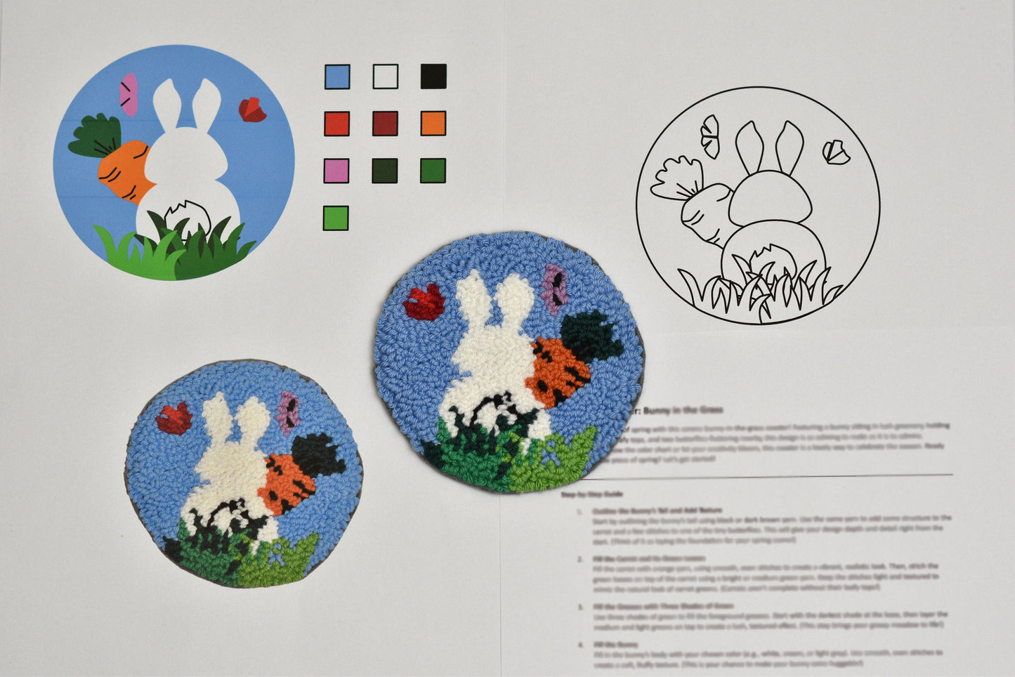 Embroidery pattern with a bunny design, color swatches, and instructions on a white background.