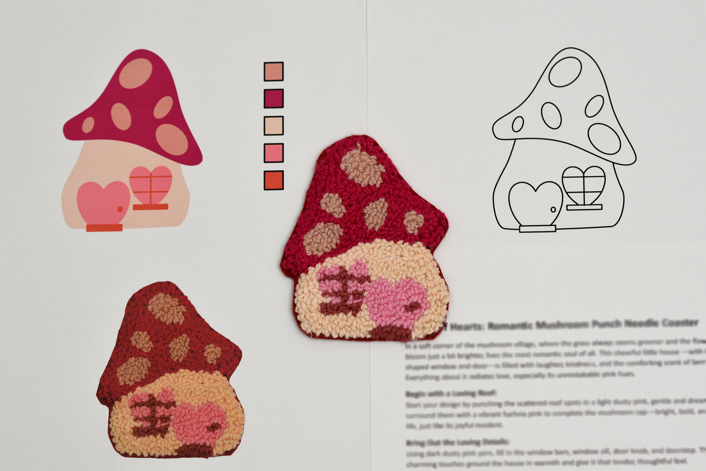 Three mushroom-shaped punch needle coaster patterns with color swatches and a line drawing on a white background.