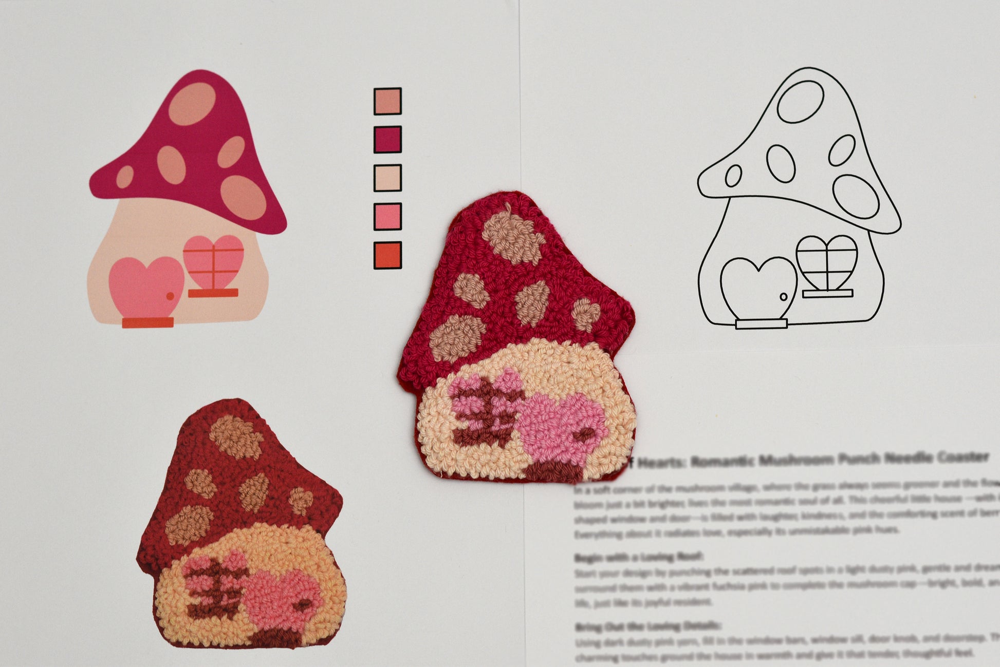 Three mushroom-shaped punch needle coaster patterns with color swatches and a line drawing on a white background.