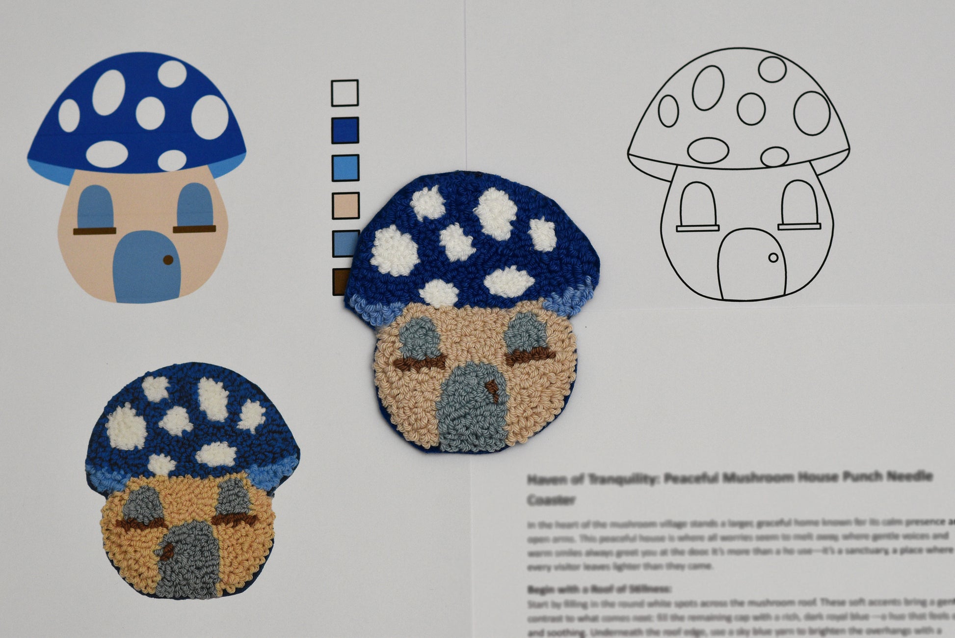 Three mushroom-shaped house punch needle coasters on a white background with color swatches and a line drawing.