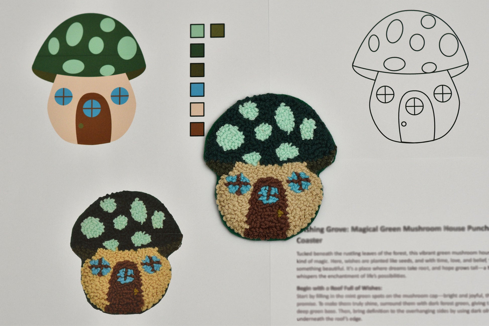 Two mushroom-shaped house coasters with color swatches and a line drawing on a white background.