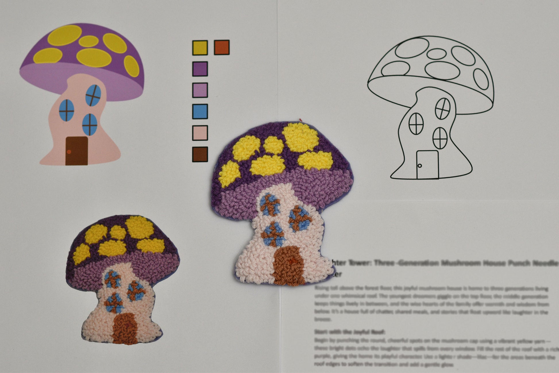 Three-dimensional mushroom house coaster with color swatches and a line drawing on a white background.