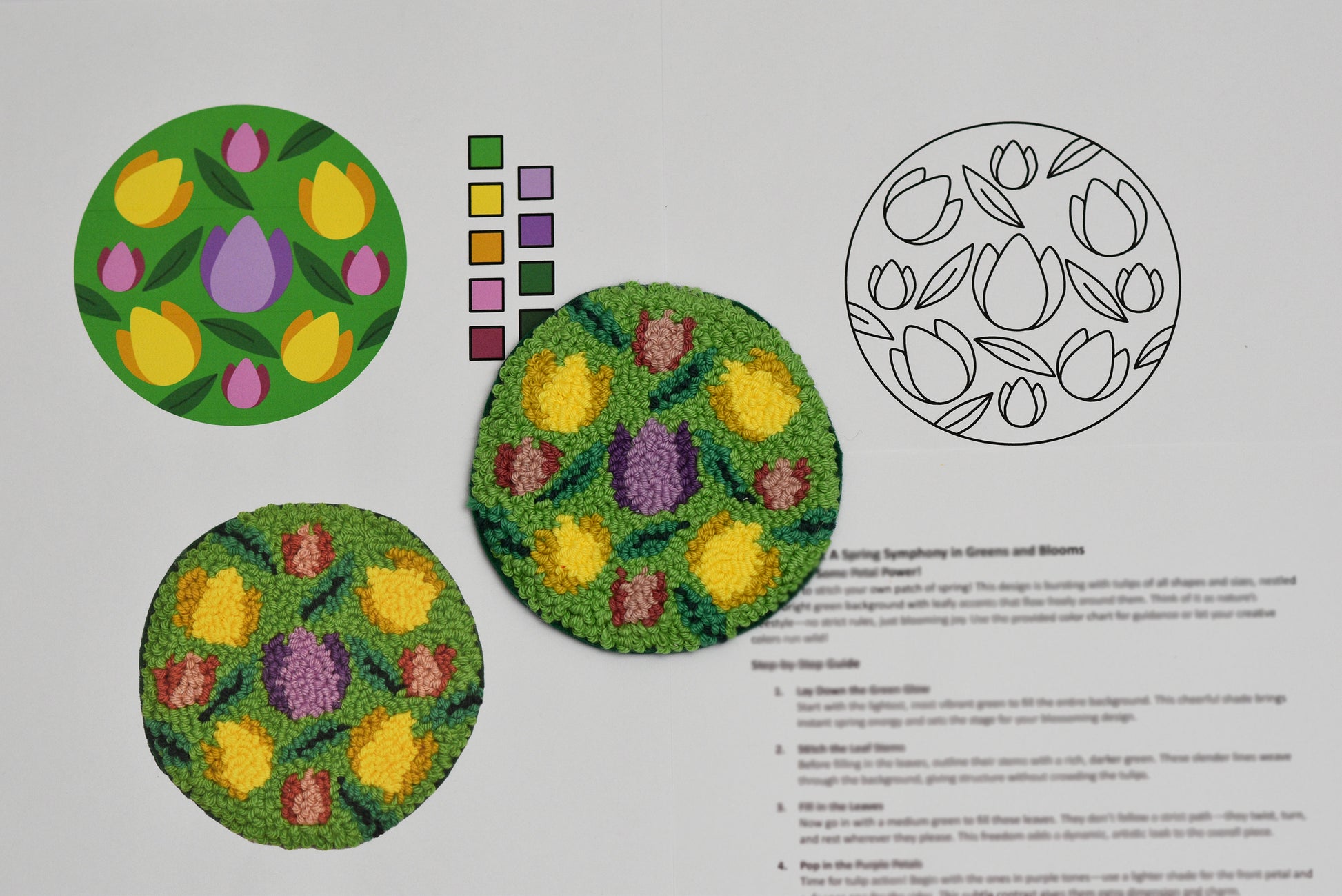 Color swatches and patterned floral coaster on a paper with text