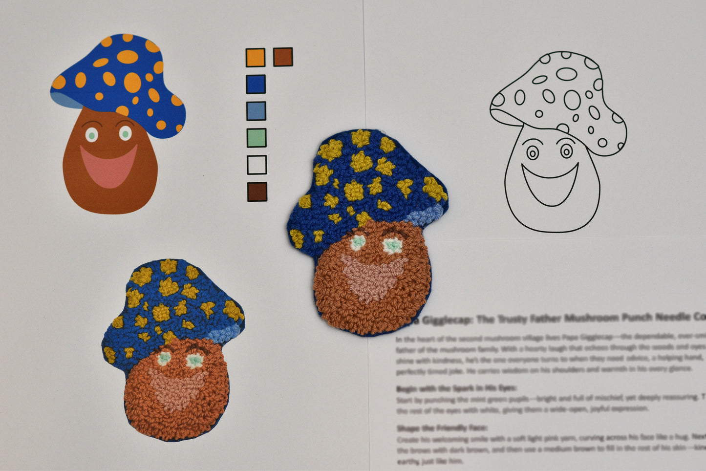 Punch needle coaster project sheet with mushroom-shaped coasters and coloring options.