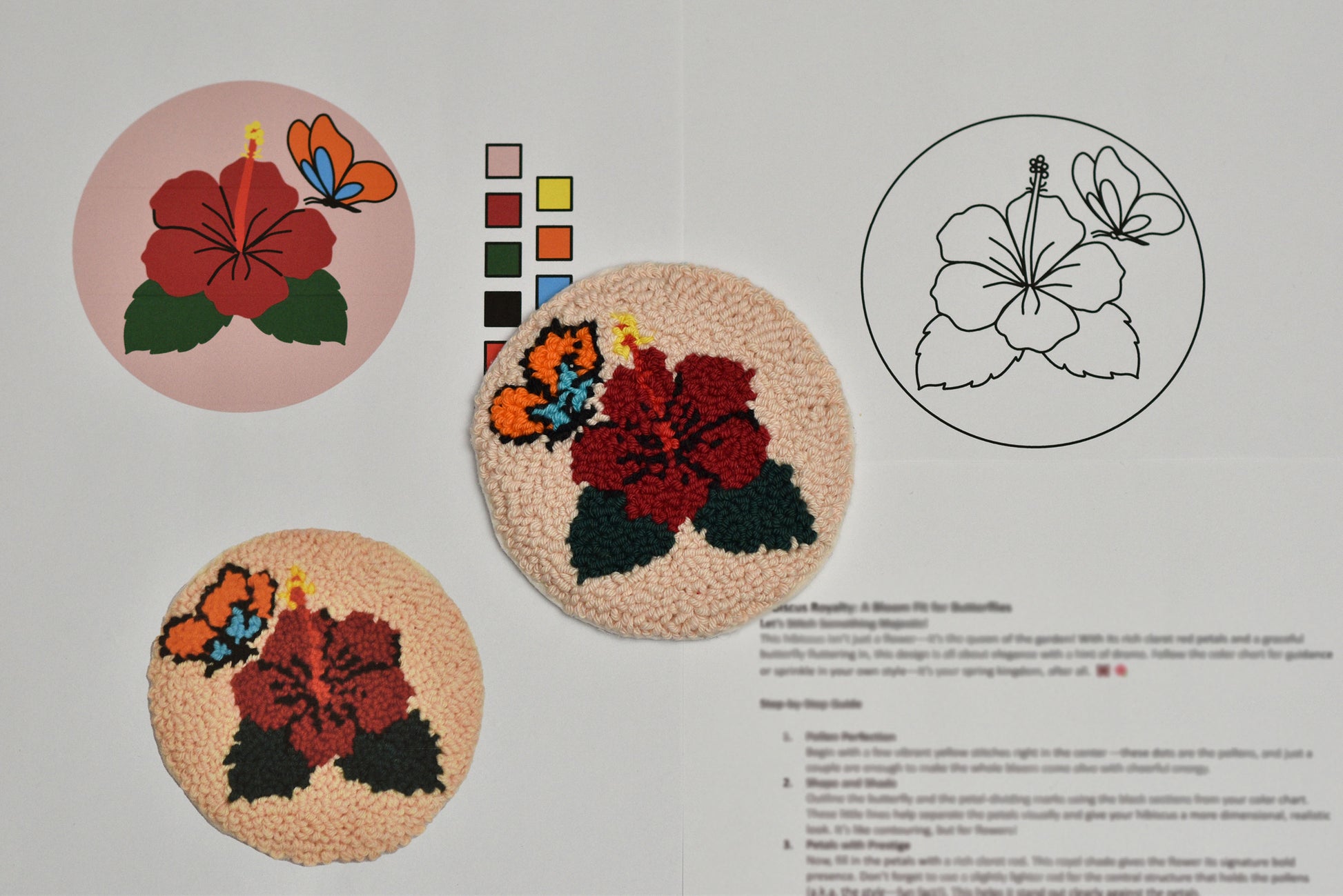 Decorative coasters with floral patterns and color swatches on a gray background