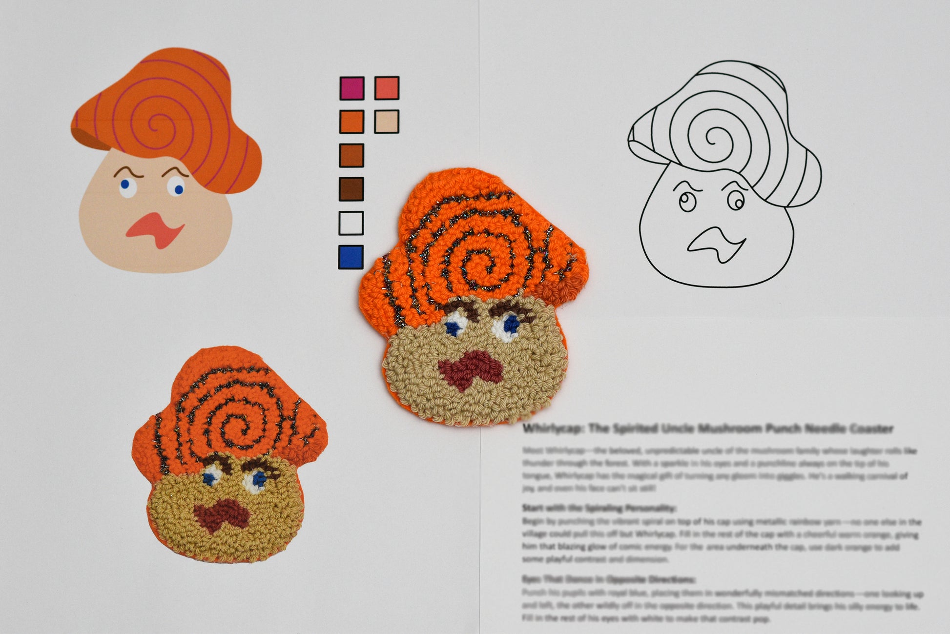 Punch needle coaster with a design of mushroom with orange hair on a white background, with color swatches and text.