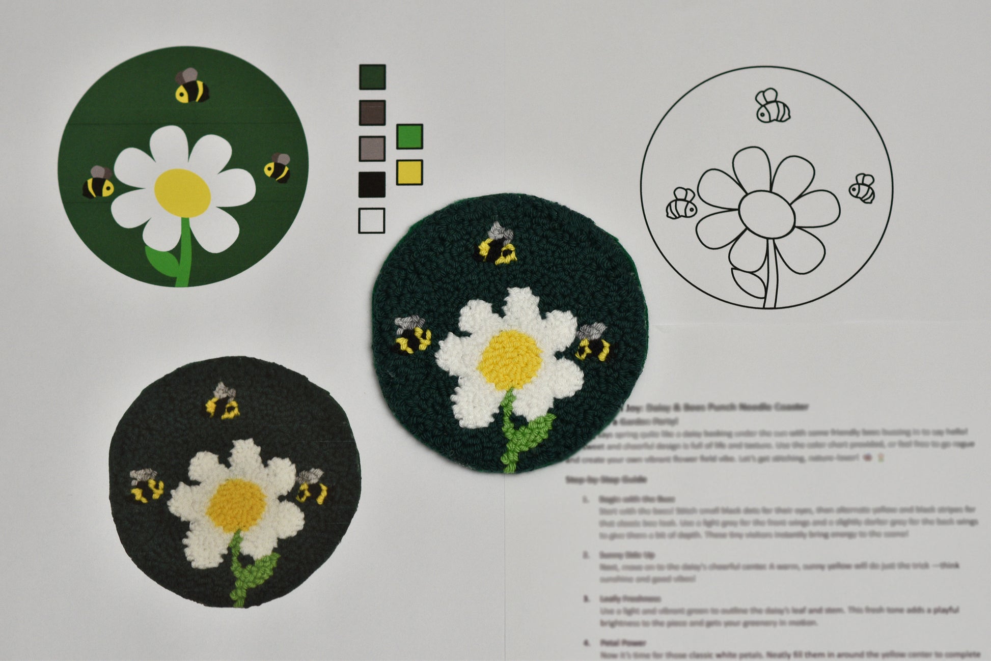 Embroidery coaster patterns with flowers and bees on a gray background