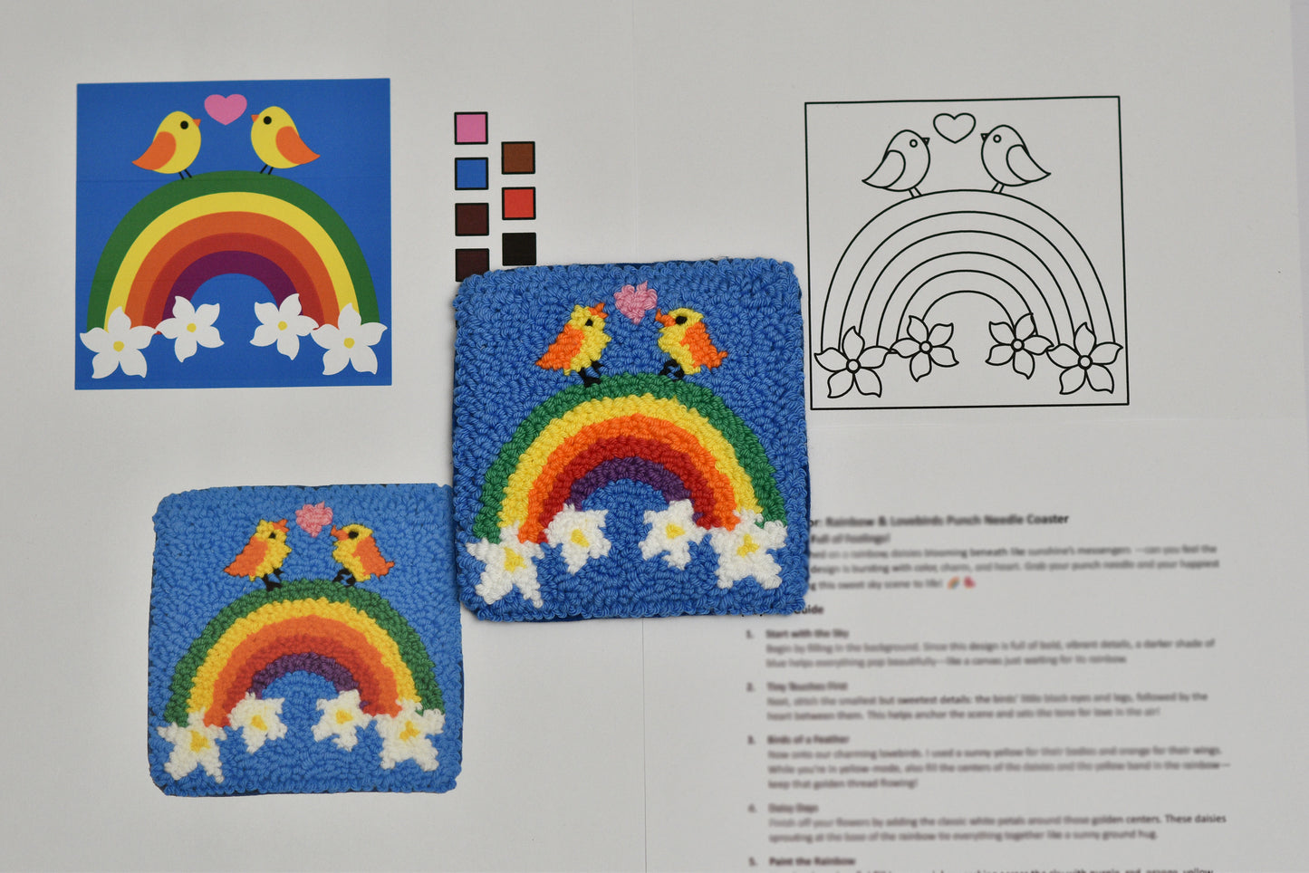Embroidered coaster with rainbow and bird patterns with color swatches and instructions on a white background