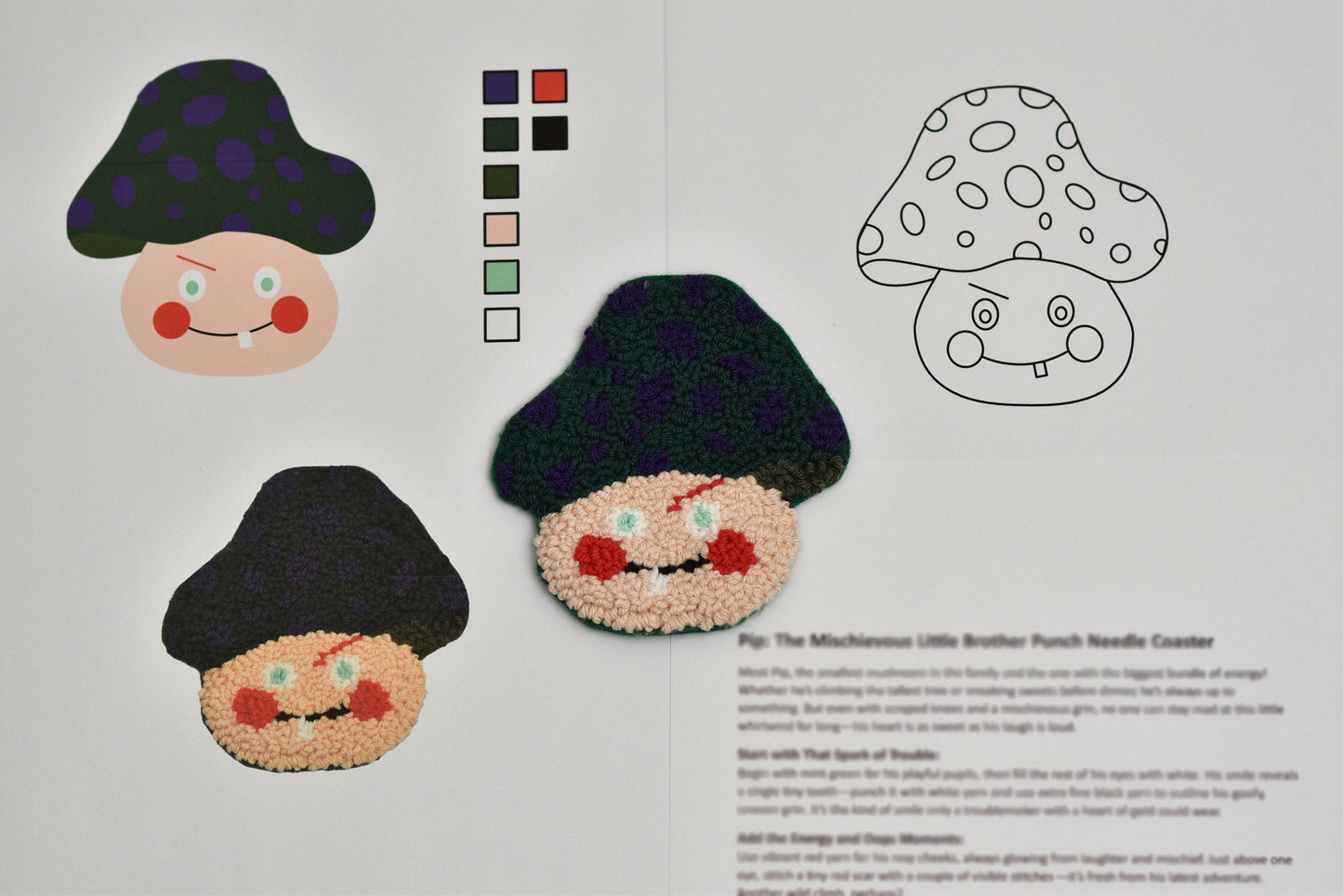 Three Punch needle coasters with mushroom-shaped characters with dark green hats on a white background, along with color swatches and a line drawing.