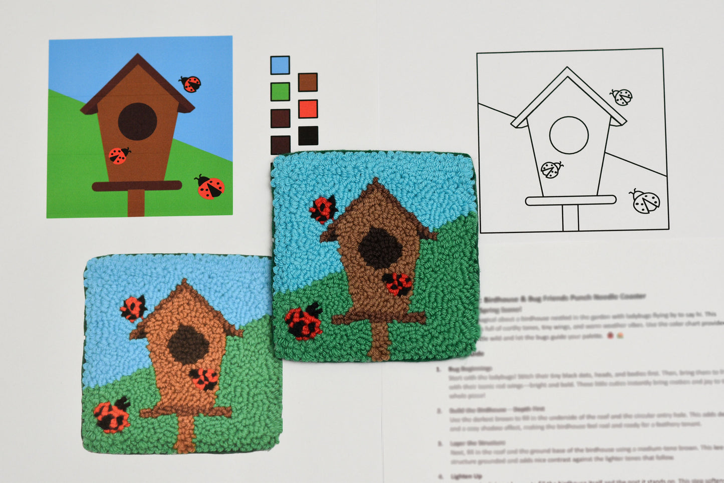 Two birdhouse coasters with ladybugs on a printed design sheet.