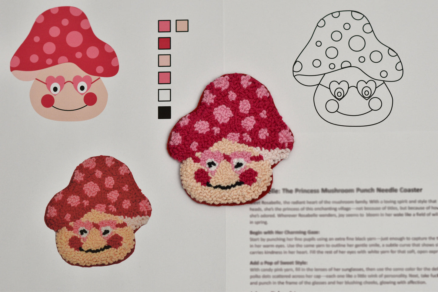 Patterned mushroom-shaped coasters with a color swatch and line drawing on a white background