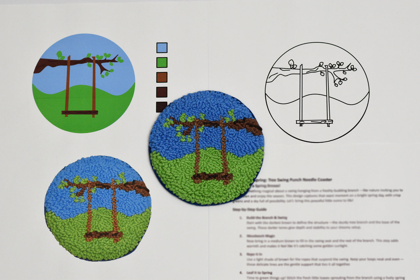 Punch needle Coaster craft project with swing illustrations, color swatches, and instructions on a white background.