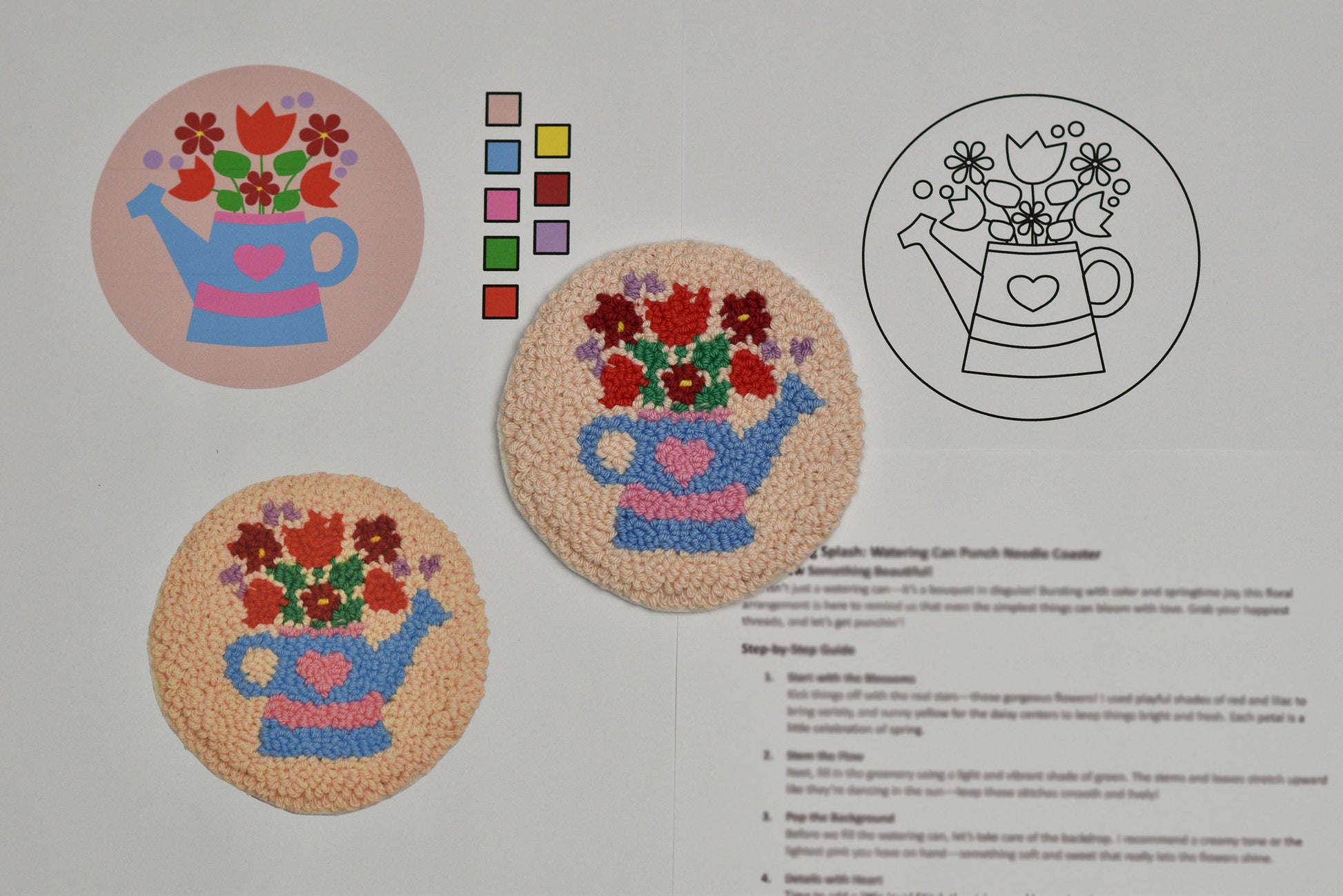 Cross-stitch coaster pattern with flowers in a watering can design on fabric samples.