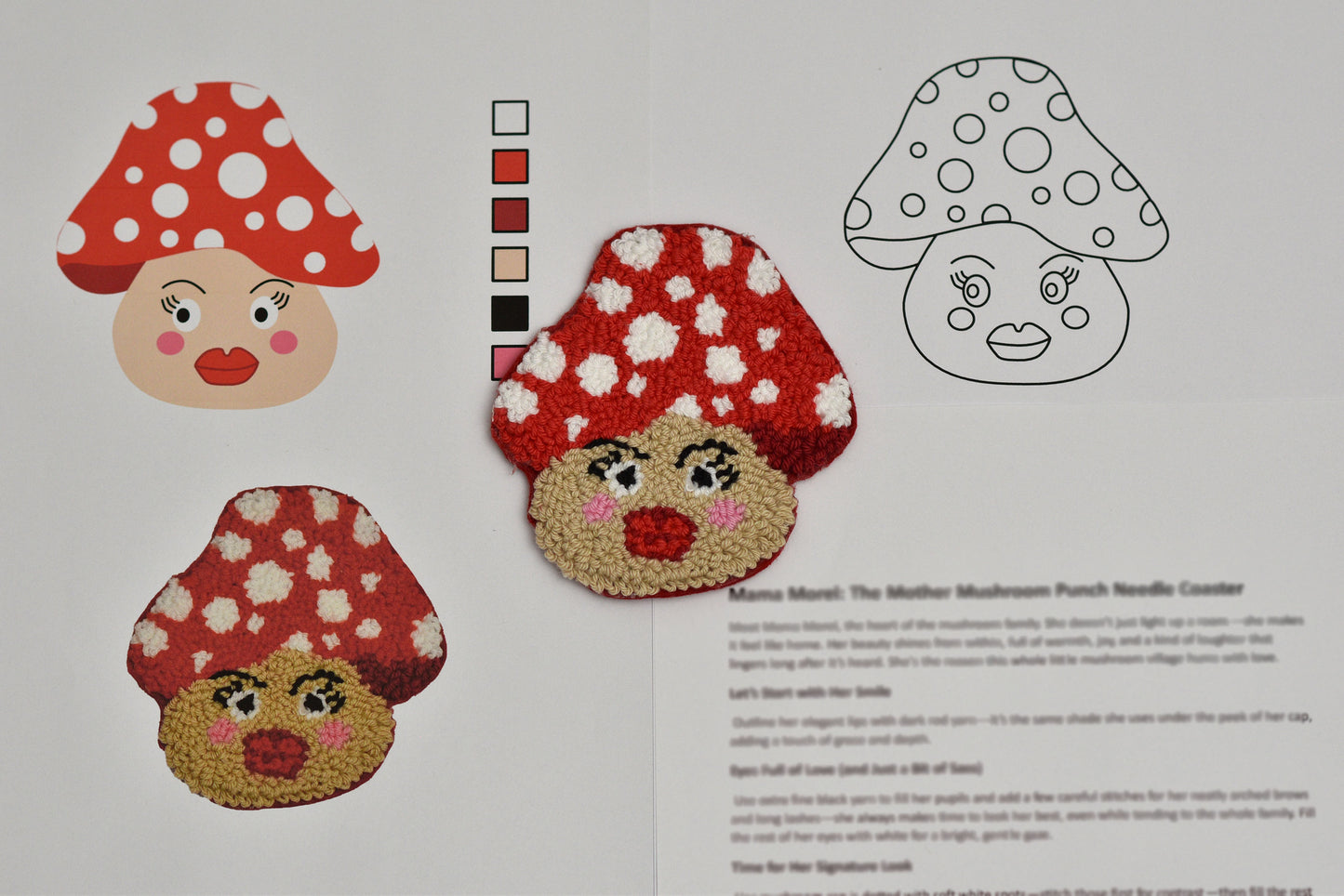 Three mushroom-shaped punch needled coasters with faces on a white background, along with a color chart and outline drawing.