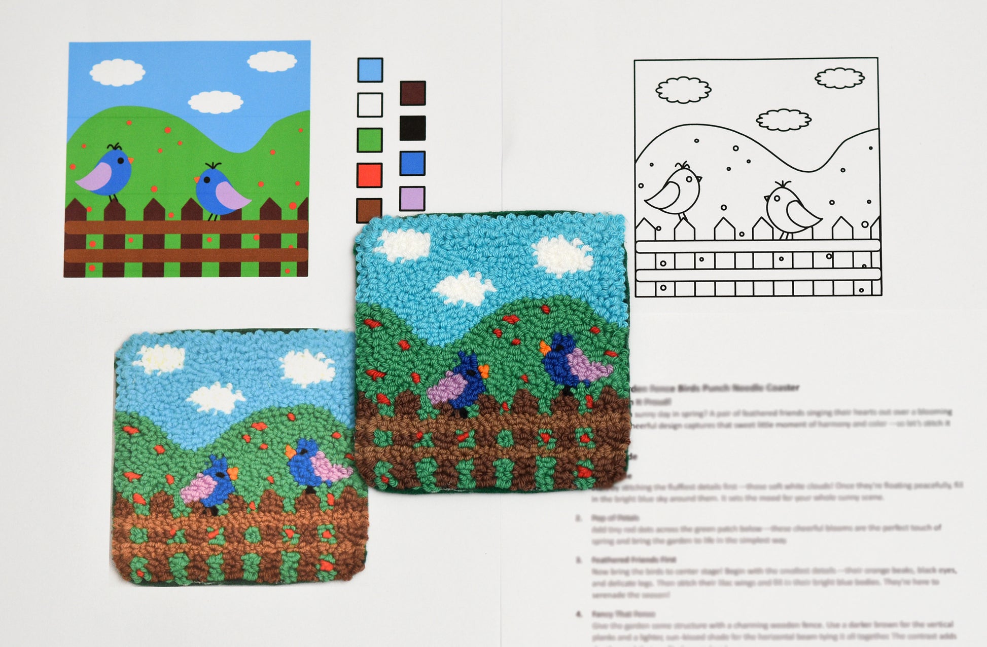Two punch needled coasters with a garden design and a pattern chart on a white background.