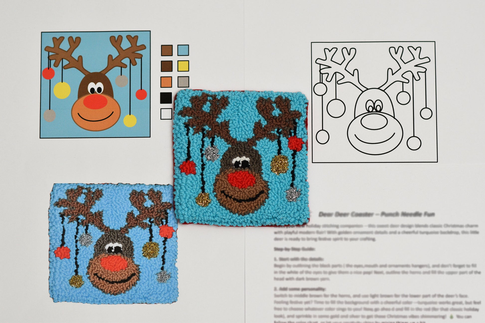 Two punch needle patterns of reindeer faces on blue fabric with color swatches and a black and white outline.