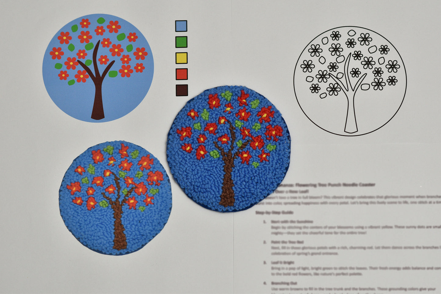 Punch needle coaster with Colorful tree illustrations with a color swatch and black and white outline on a gray background.