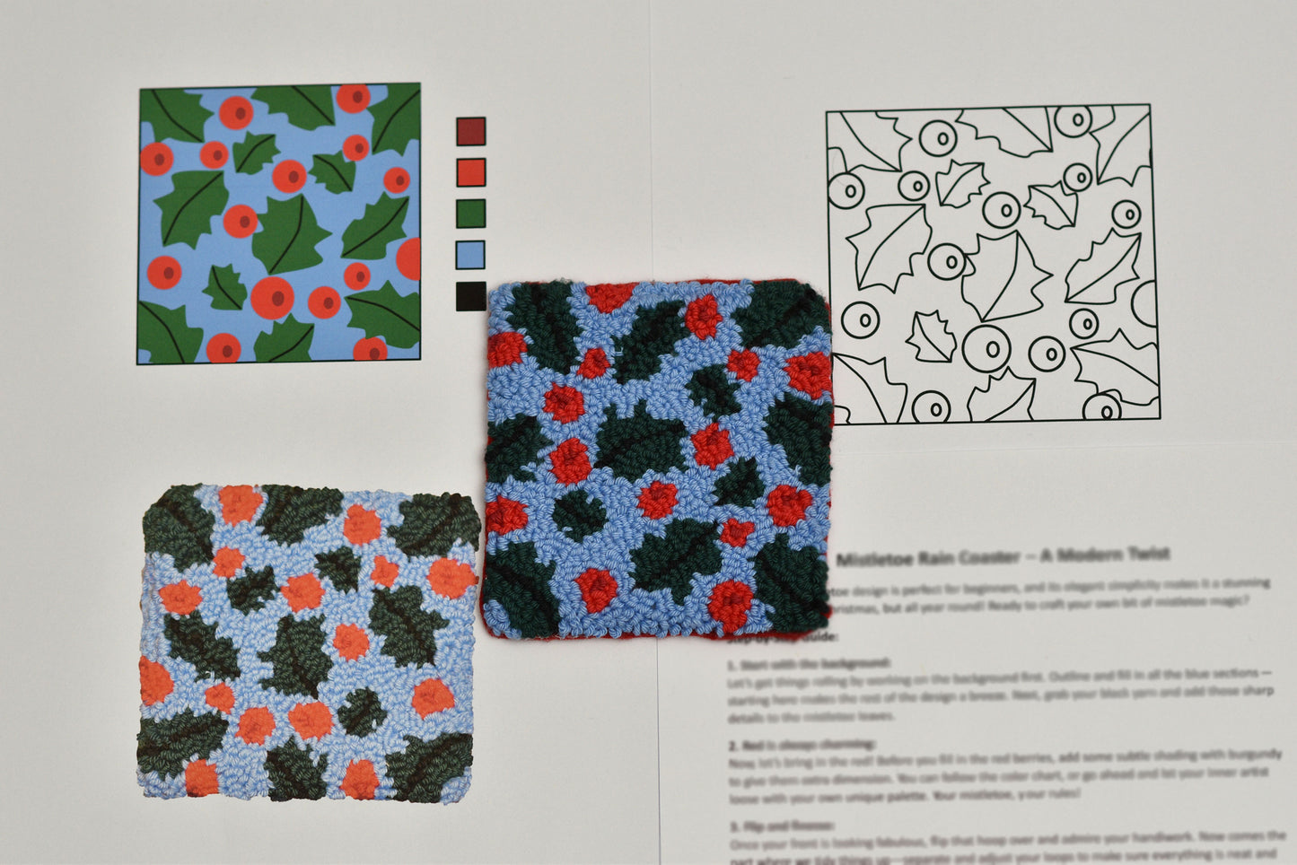 Punch needled coaster pattern with mistletoe holly leaves and berries on a textured surface