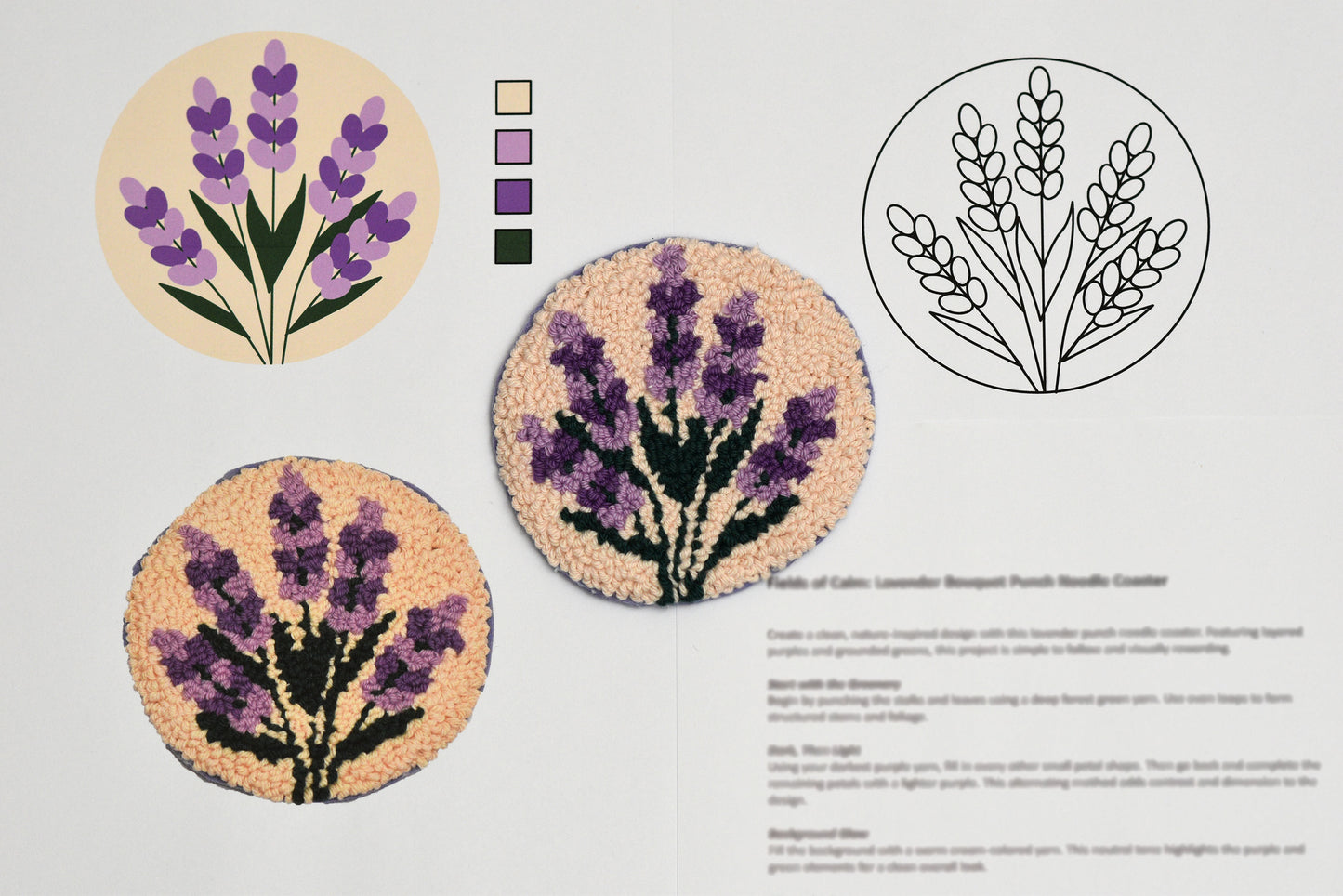 Coaster Design of lavender flowers with color swatches and a line drawing on a gray background.