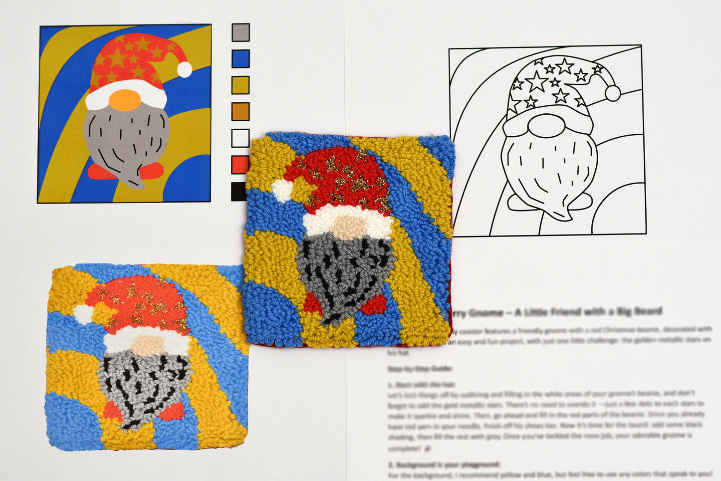 Three embroidered gnomes with a color chart and outline illustration on a white background.