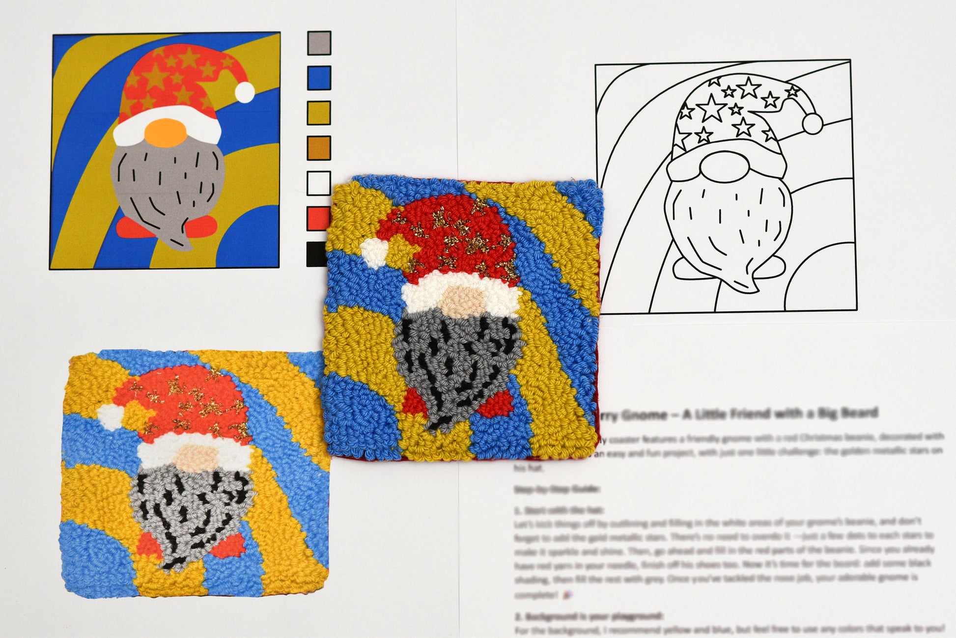 Three embroidered gnomes with a color chart and outline illustration on a white background.