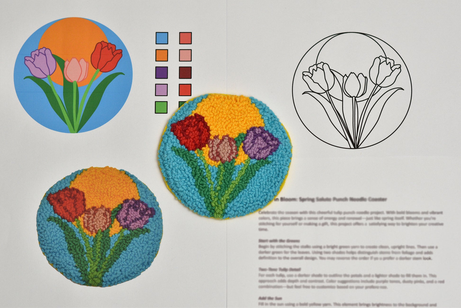 Colorful embroidered tulip designs on a white background with color swatches and line drawing.