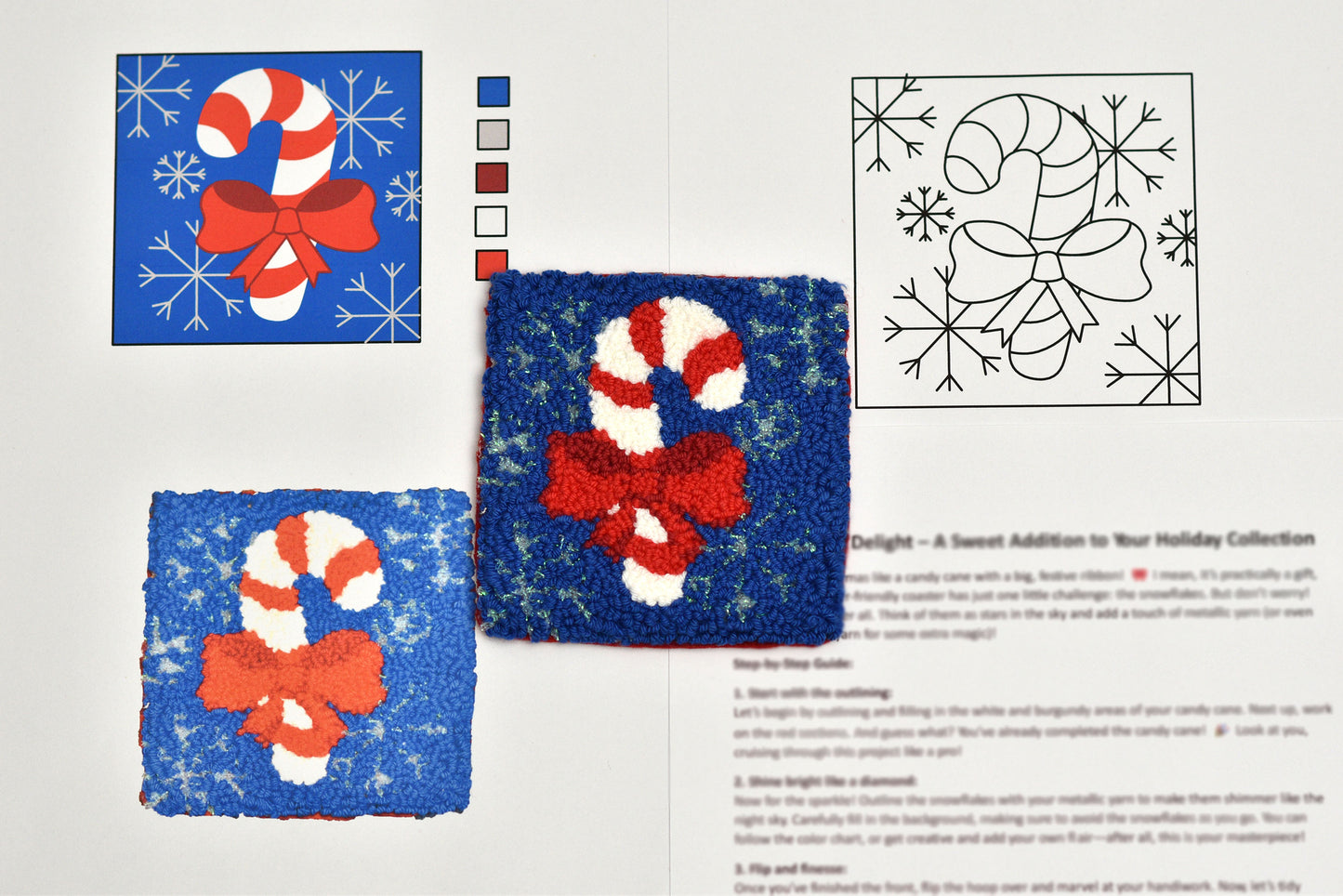 Punch needled coasters with candy cane and bow design on a blue background, with pattern swatches and instructions.