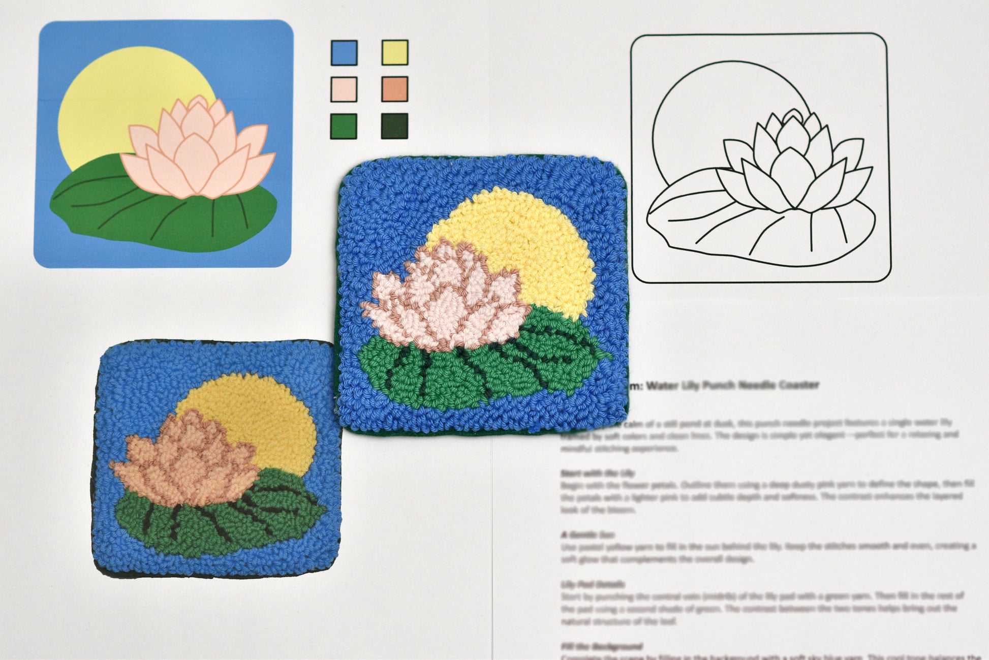 Punch needled coaster pattern with water lily design on a white background
