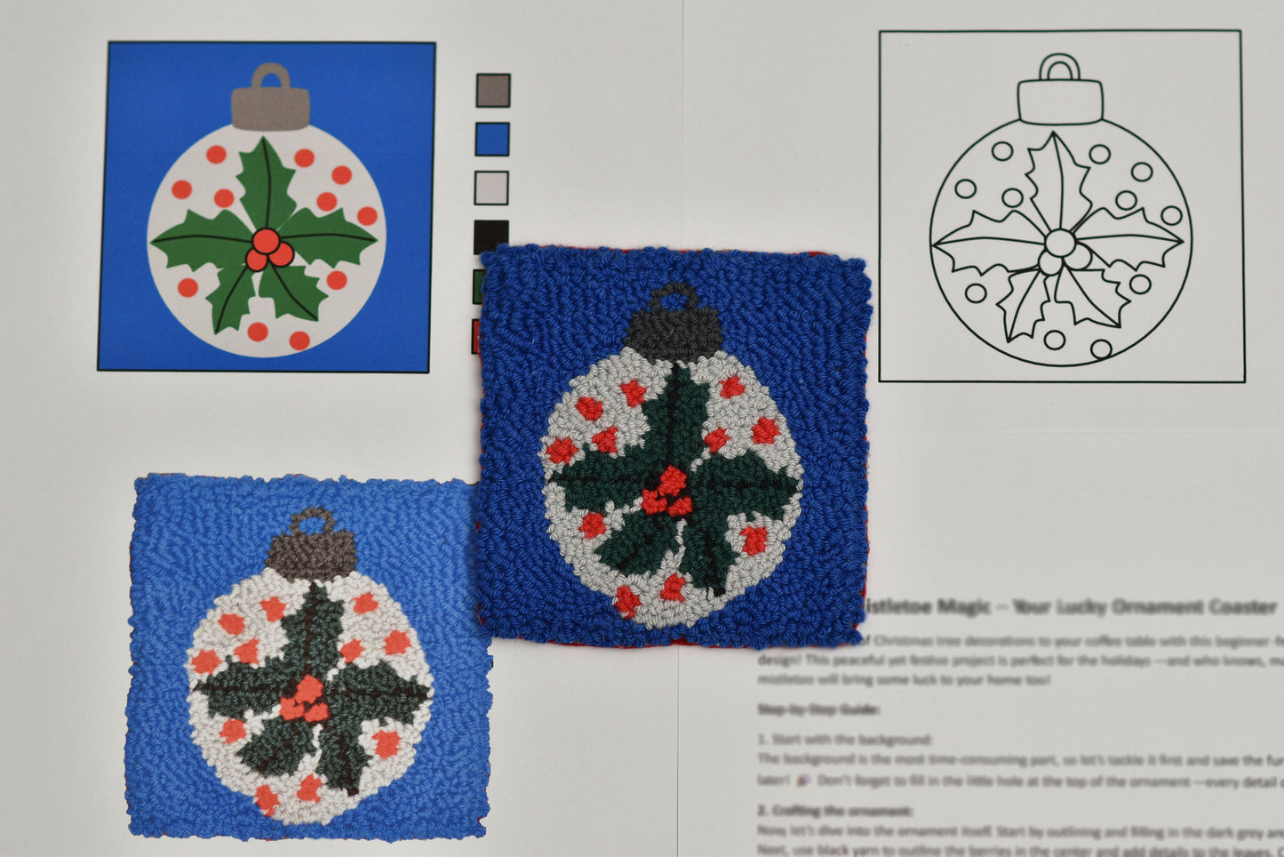 Embroidered Christmas coaster pattern with blue background and holly design
