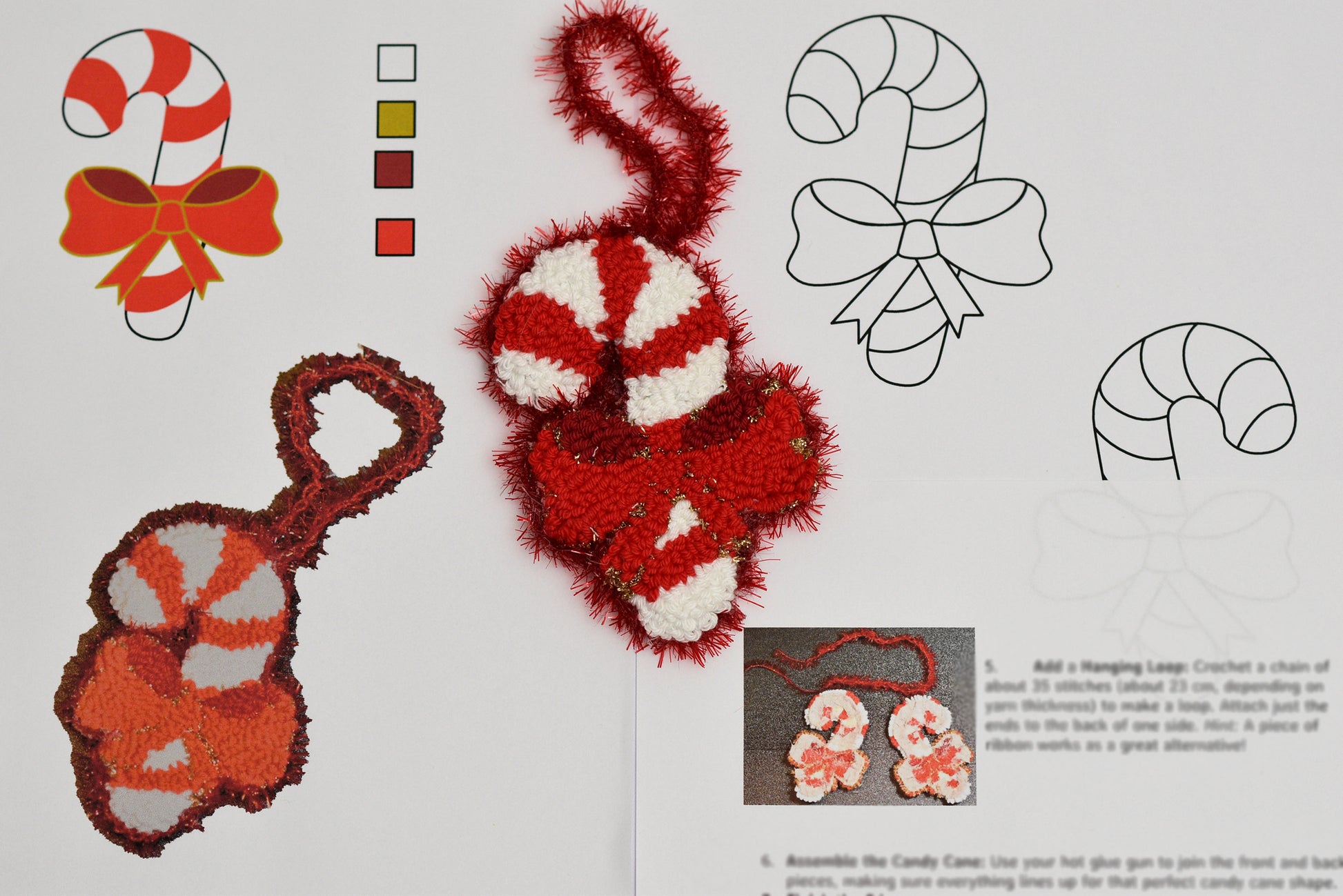 Punch needled candy cane ornament with color chart and diagram on a white background