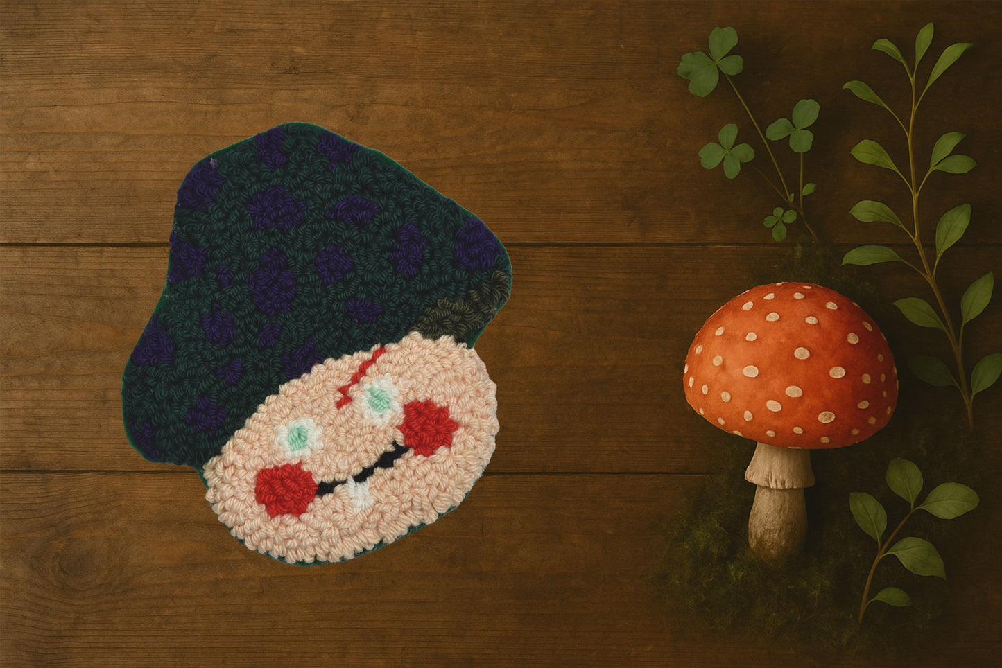 Decorative mushroom-shaped punch needle mug rug with a face on a wooden floor next to a real mushroom.