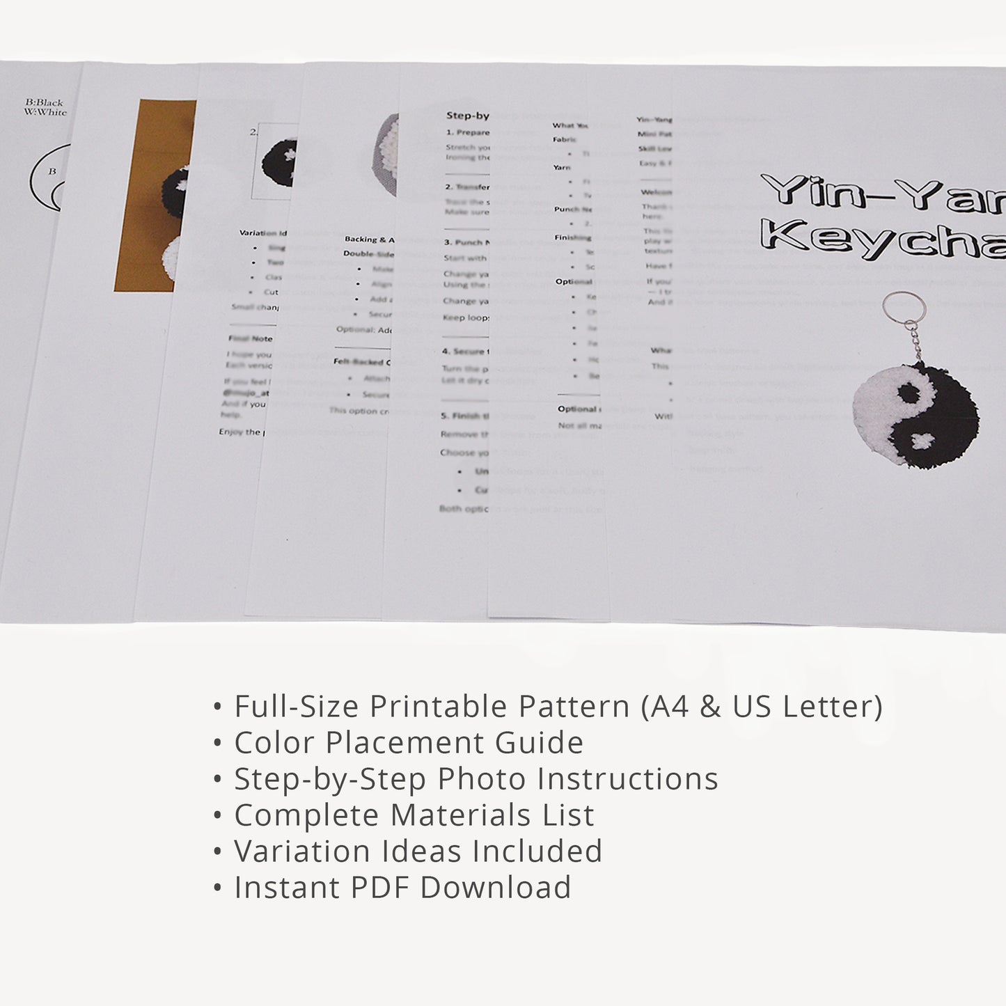 Yin Yang punch needle keychain digital PDF pattern preview showing printable pages, color placement guide and step-by-step instructions.