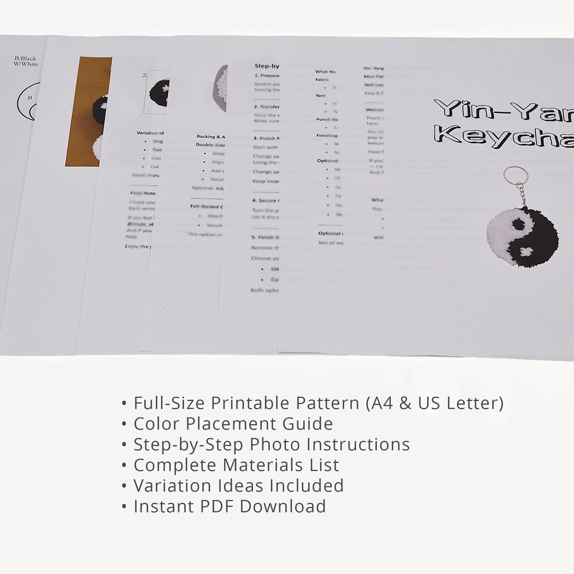 Yin Yang punch needle keychain digital PDF pattern preview showing printable pages, color placement guide and step-by-step instructions.