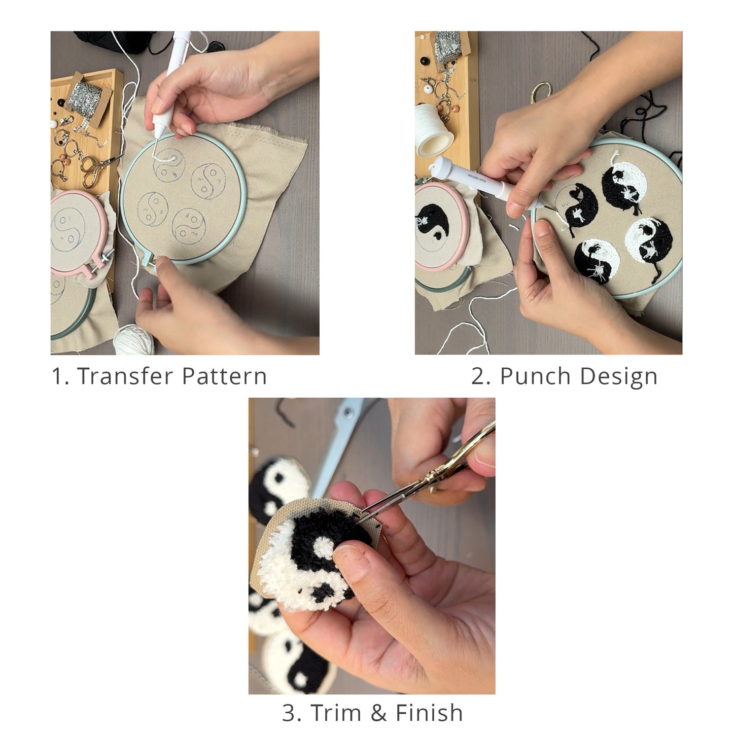 Step-by-step process of making a Yin Yang punch needle keychain including transferring pattern, punching design and trimming.