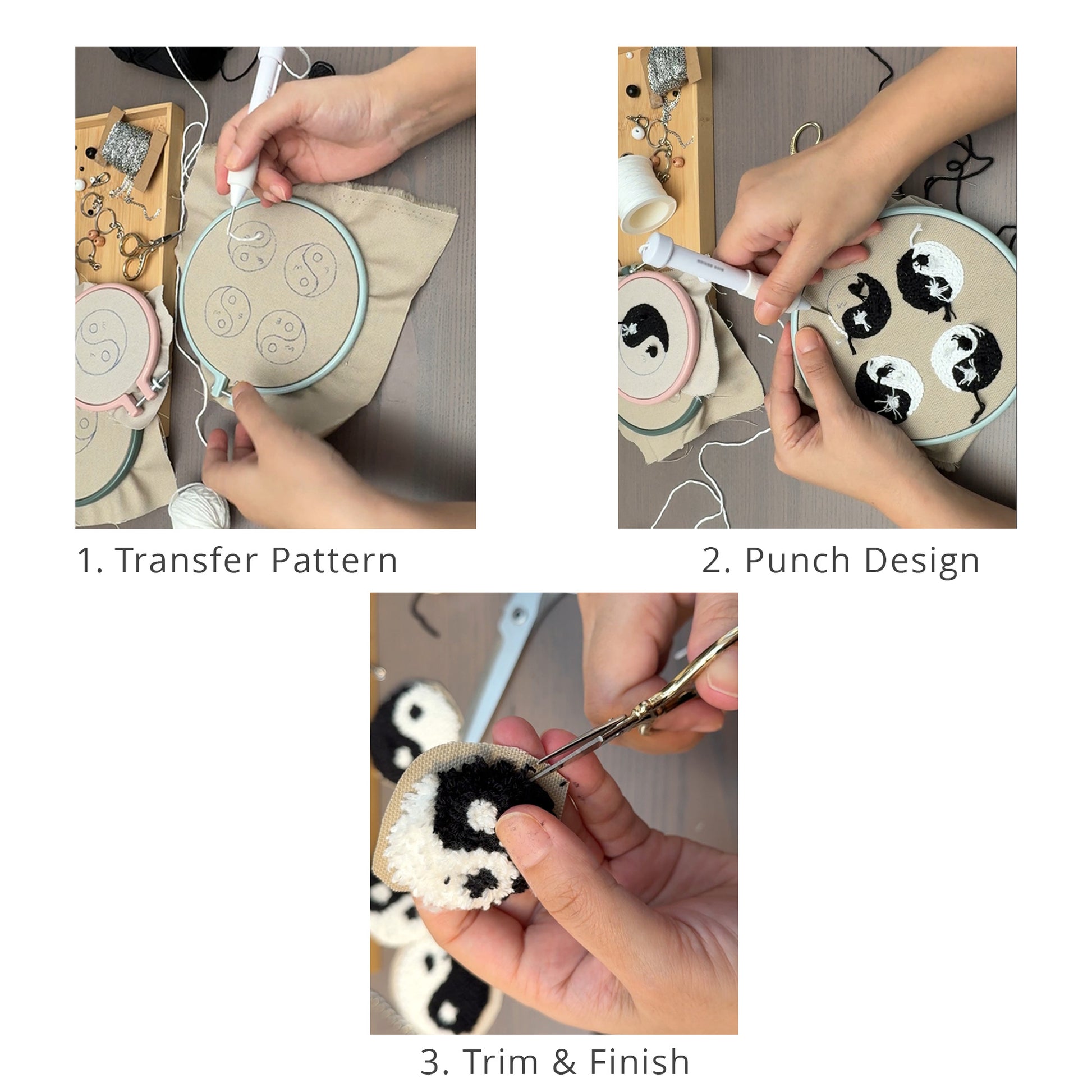Step-by-step process of making a Yin Yang punch needle keychain including transferring pattern, punching design and trimming.
