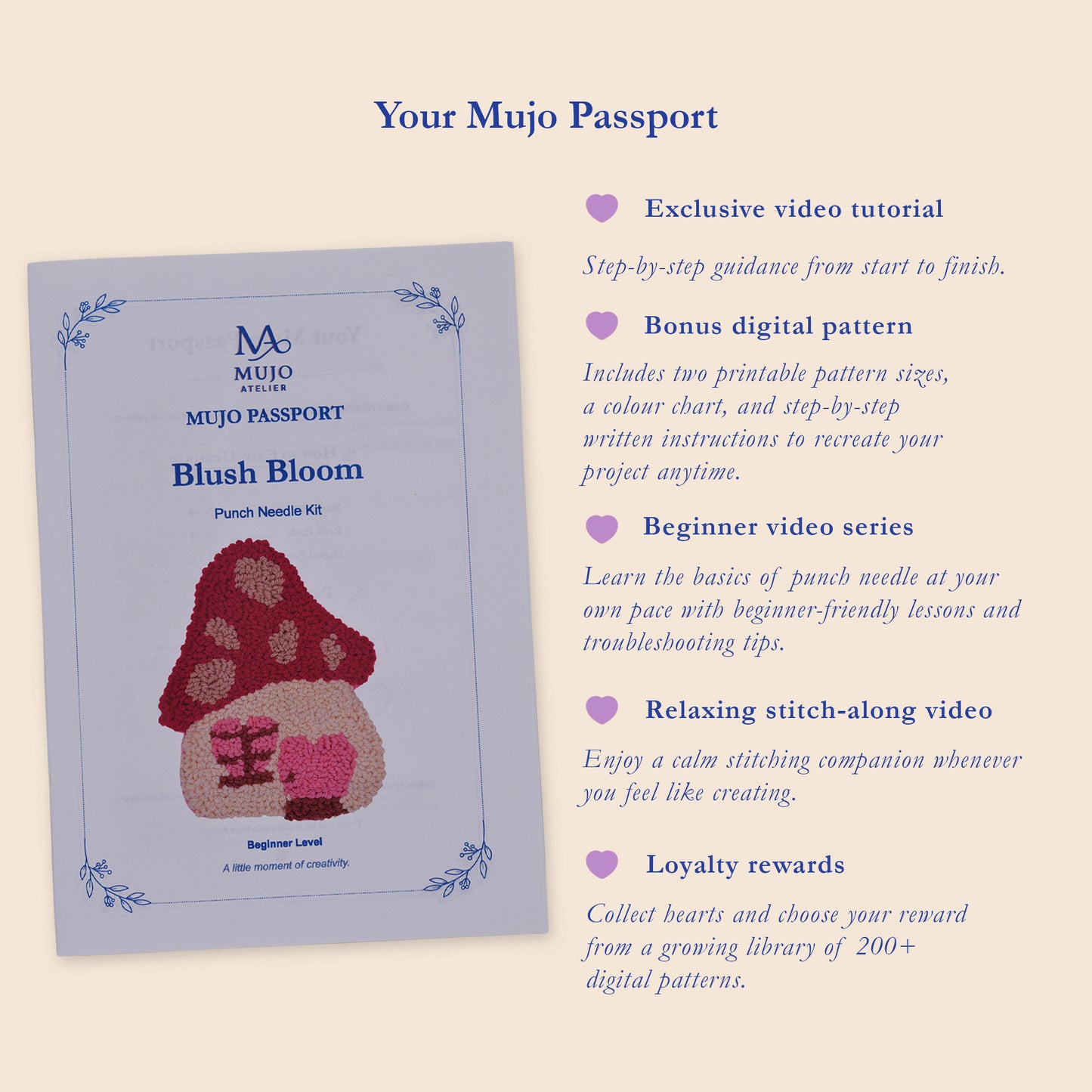 Promotional graphic for the Mujo Passport Punch Needle Kit, showing the product cover on the left and a list of included digital and video resources on the right, set against a warm beige background.