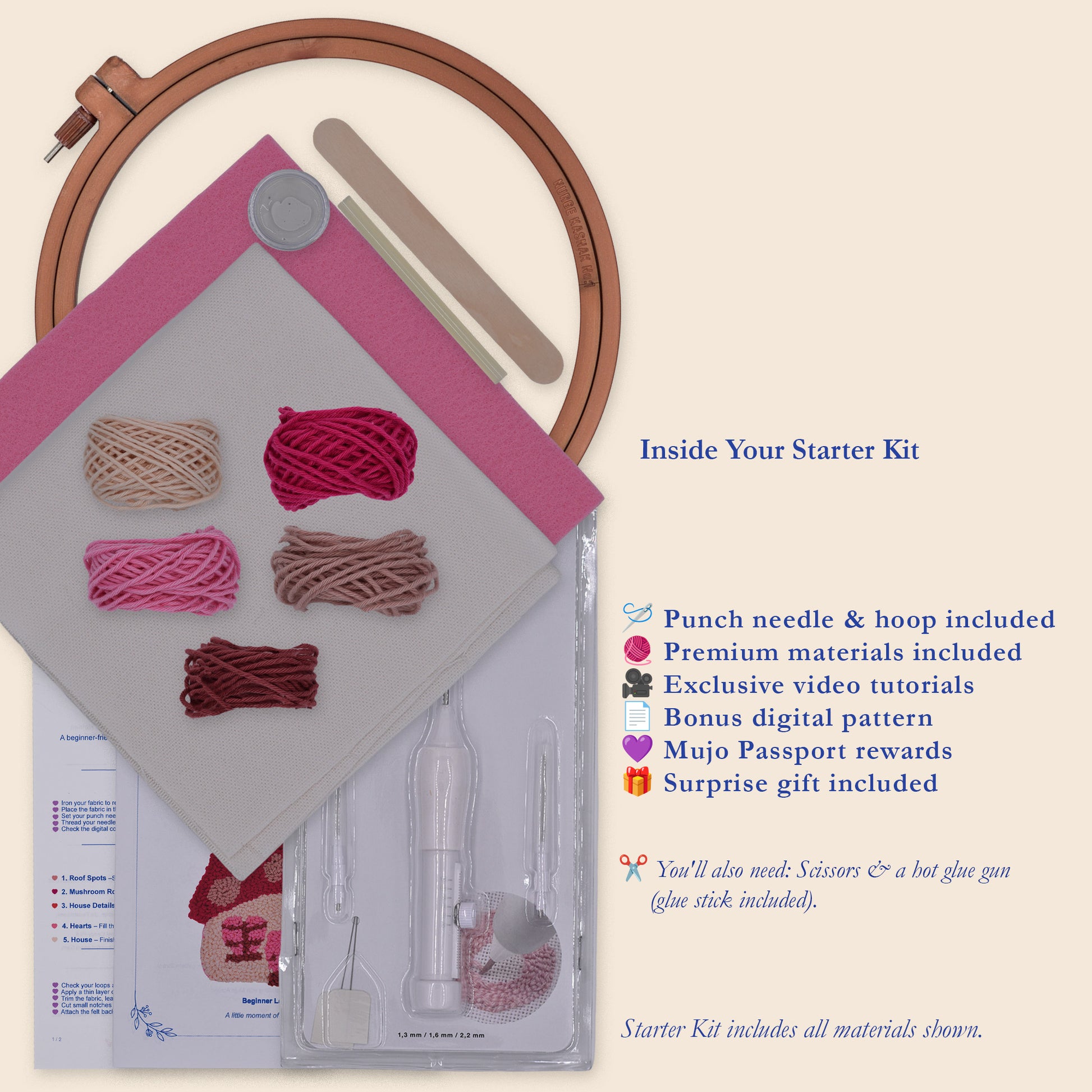 Blush Bloom punch needle Starter Kit with hoop, punch needle tool, premium fabric, felt, cotton yarn, glue, finishing supplies, Mujo Passport, bonus digital pattern, video tutorials and surprise gift.