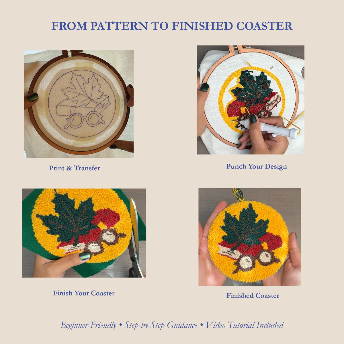A four-panel infographic titled 'FROM PATTERN TO FINISHED COASTER' showing a step-by-step craft process: a coaster pattern print, punching the design, finishing the coaster, and the finished product held in hands. The final coaster features a yellow background with a green maple leaf, red book, and eye glasses