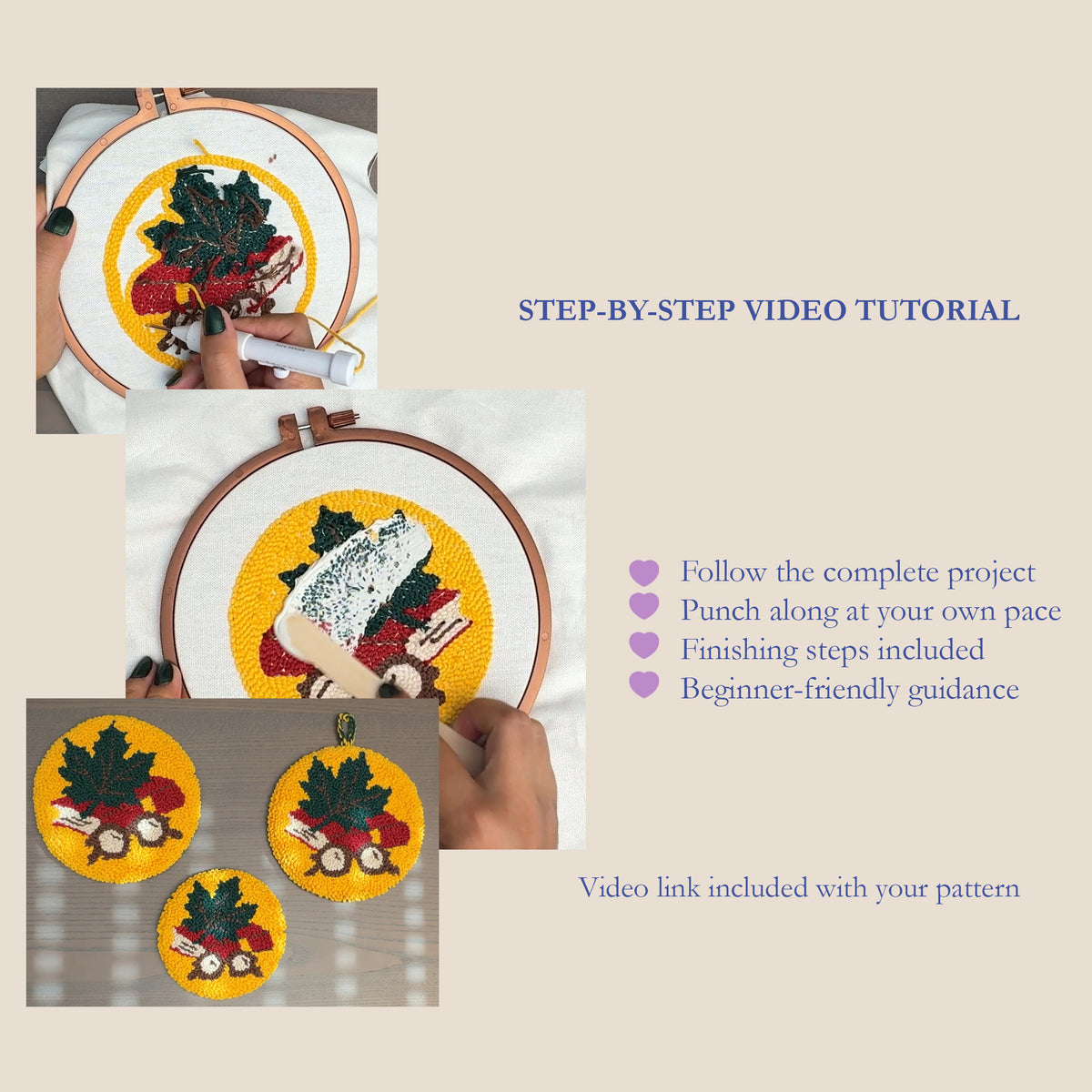 Promotional graphic for a step-by-step video embroidery tutorial, showing several inset photos of hands stitching a round yellow floral punch needle and finished punch needled oval coaster. Text on a beige background reads 'STEP-BY-STEP VIDEO TUTORIAL' and lists benefits like following the complete project, punching at your own pace, finishing steps included, and beginner-friendly guidance.