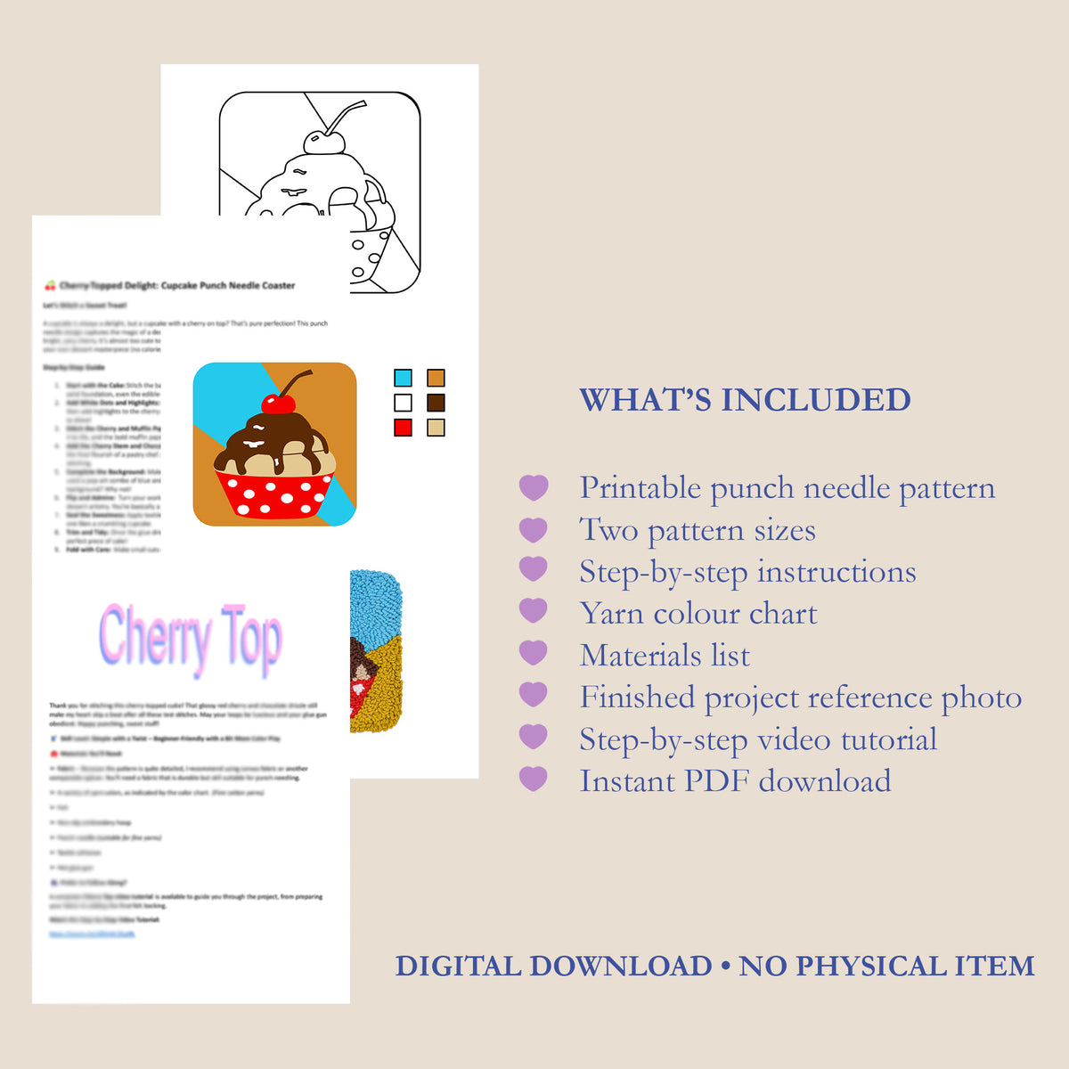 Cherry Top digital punch needle pattern showing printable cupcake outlines, written instructions, colour chart, finished project photo and a checklist of included PDF materials and video tutorial.
