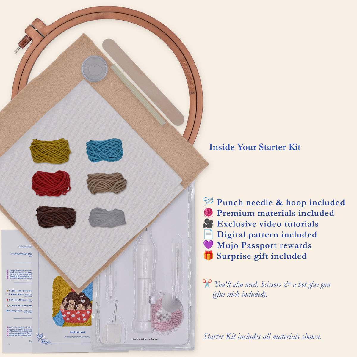 Cherry Top DIY punch needle starter kit contents showing embroidery hoop, punch needle, colourful yarn, cotton fabric, felt, glue, printed instructions and included kit benefits.