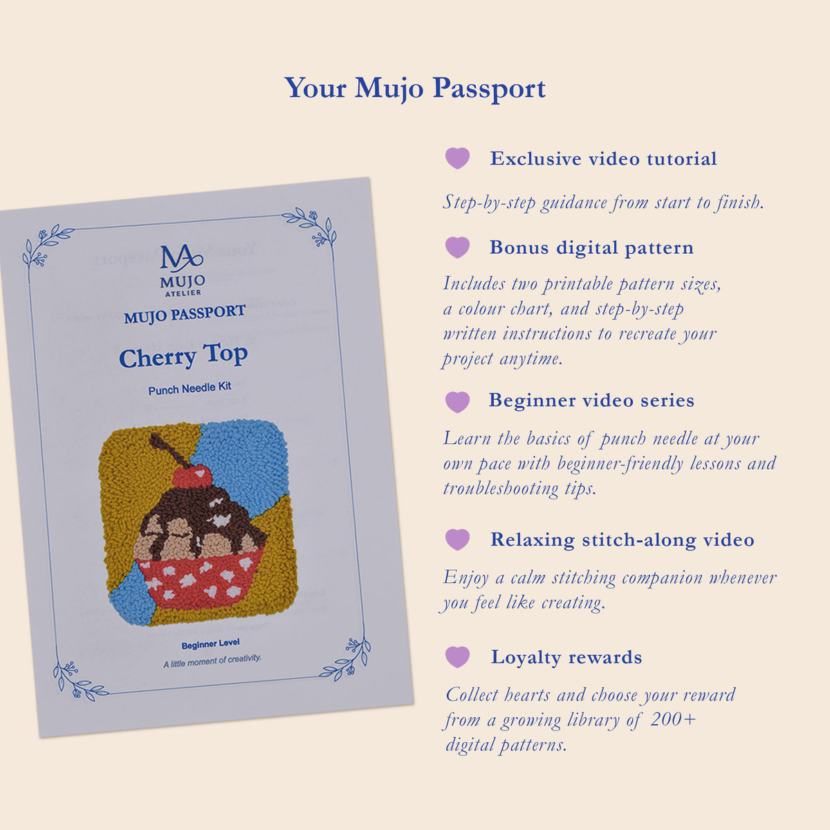 Cherry Top DIY punch needle kit Mujo Passport featuring an exclusive video tutorial, bonus digital pattern, beginner lessons, relaxing stitch-along video and loyalty rewards for future patterns.