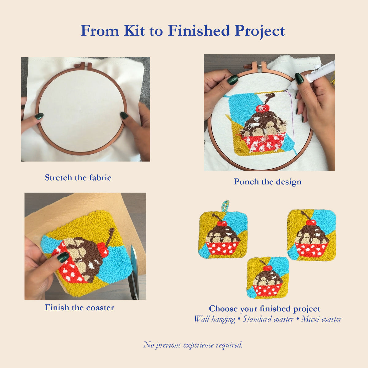 Cherry Top DIY punch needle kit showing four project stages: stretching fabric in a hoop, punching the cupcake design, trimming the coaster, and three finishing options including a wall hanging, standard coaster and maxi coaster.