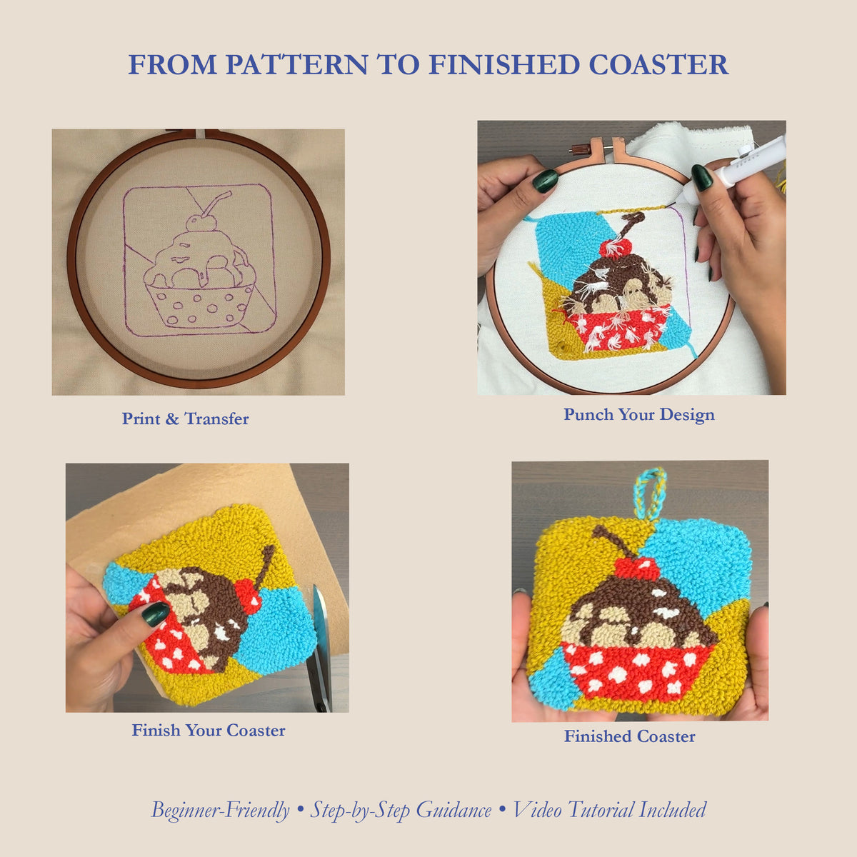Cherry Top punch needle coaster tutorial showing the transferred cupcake pattern, punching process, trimming and finishing, and completed chocolate cupcake coaster with cherry and hanging loop.