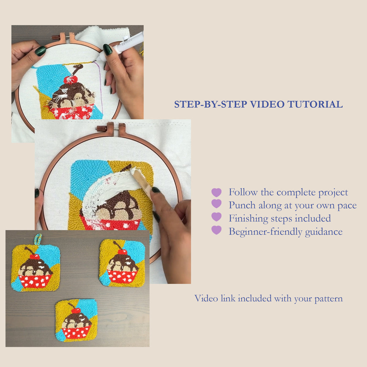Cherry Top punch needle video tutorial showing the cupcake design being punched, glue applied to the back, and three finished versions including a hanging decoration and coasters.