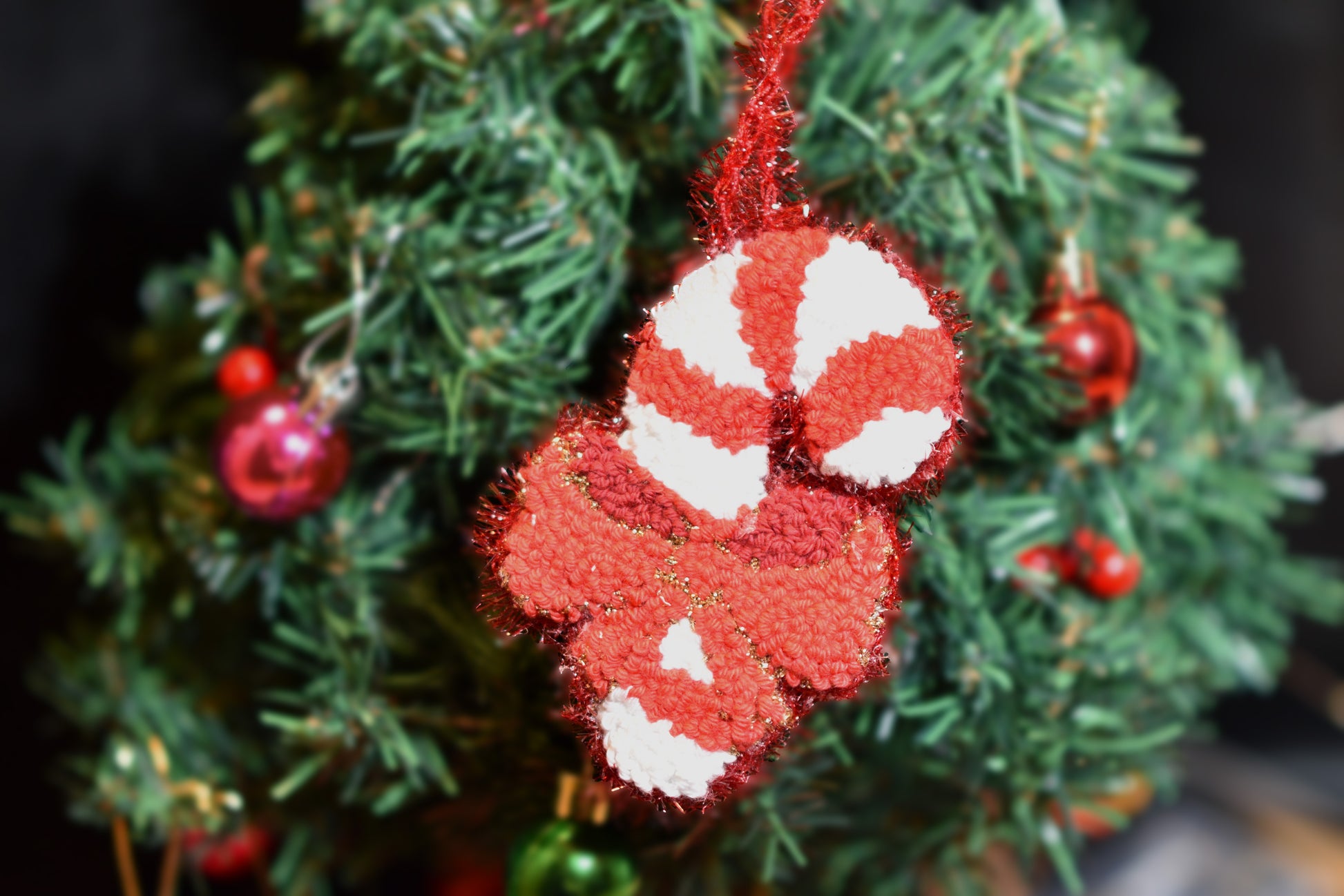 Christmas Punch needle ornaments - Candy Cane hanging on a Christmas tree