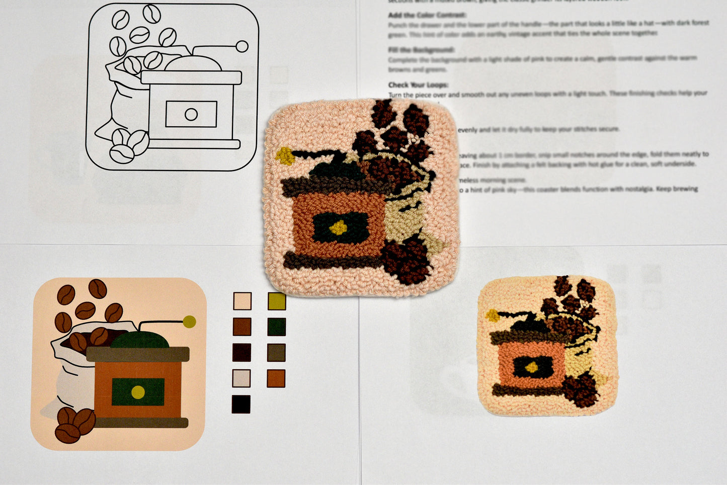 Design process of a mug rug coaster with a coffee-themed pattern on a digital platform.